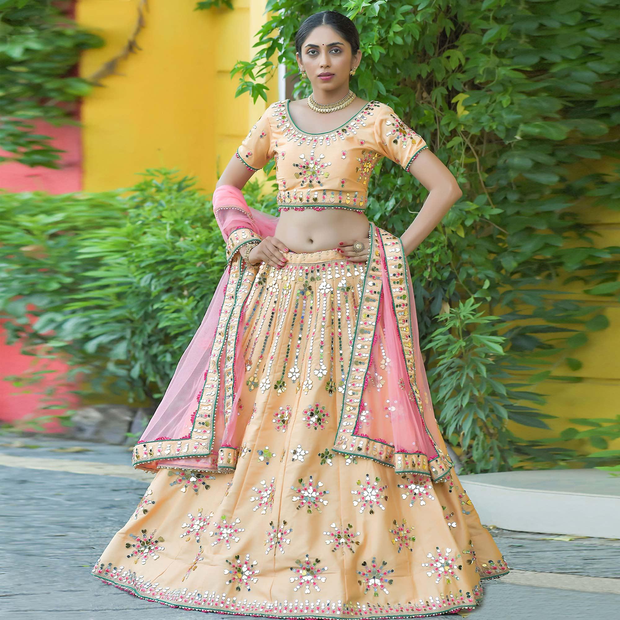 Cream Wedding Wear Floral Embroidery & Resham Work Silk Lehenga Choli - Peachmode