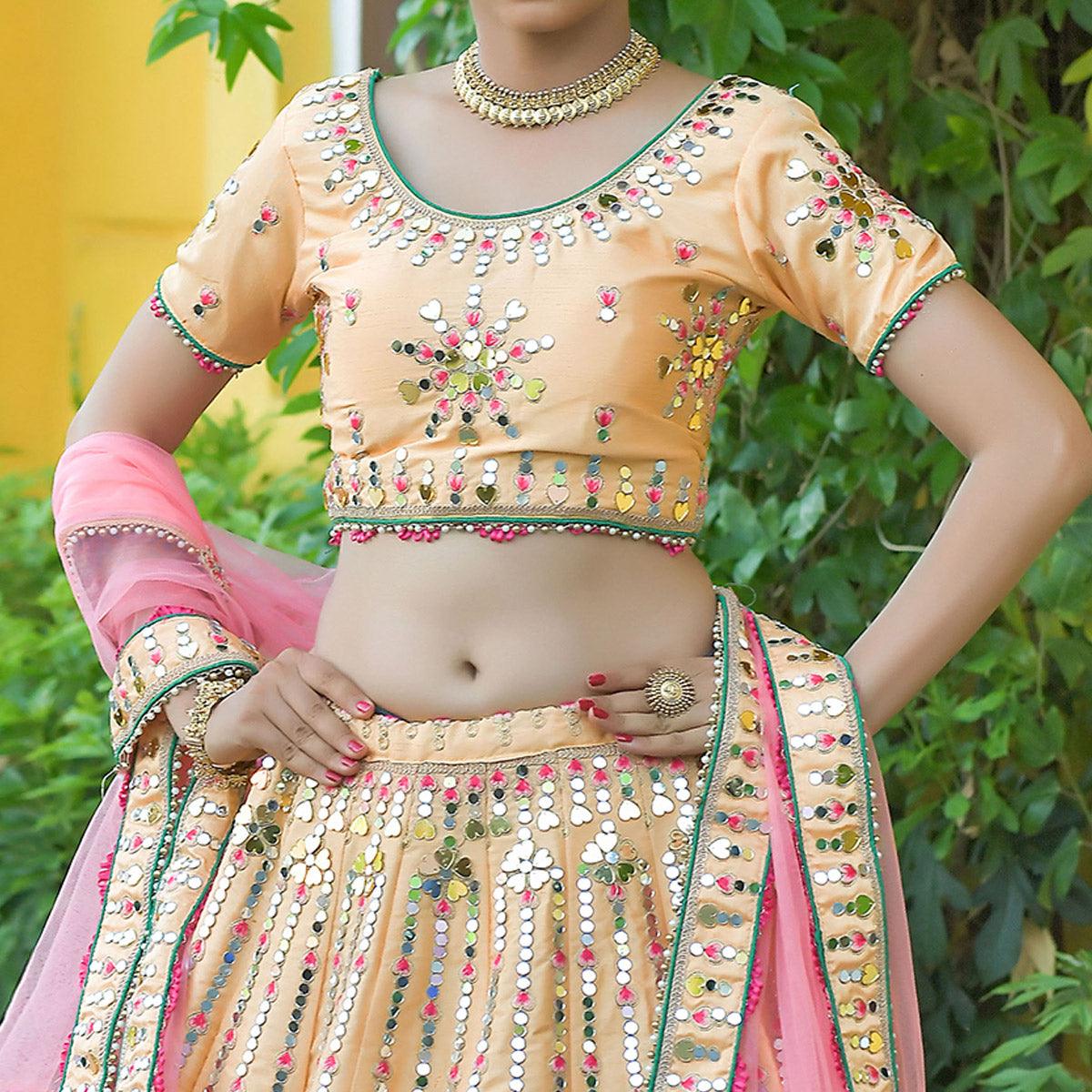 Cream Wedding Wear Floral Embroidery & Resham Work Silk Lehenga Choli - Peachmode