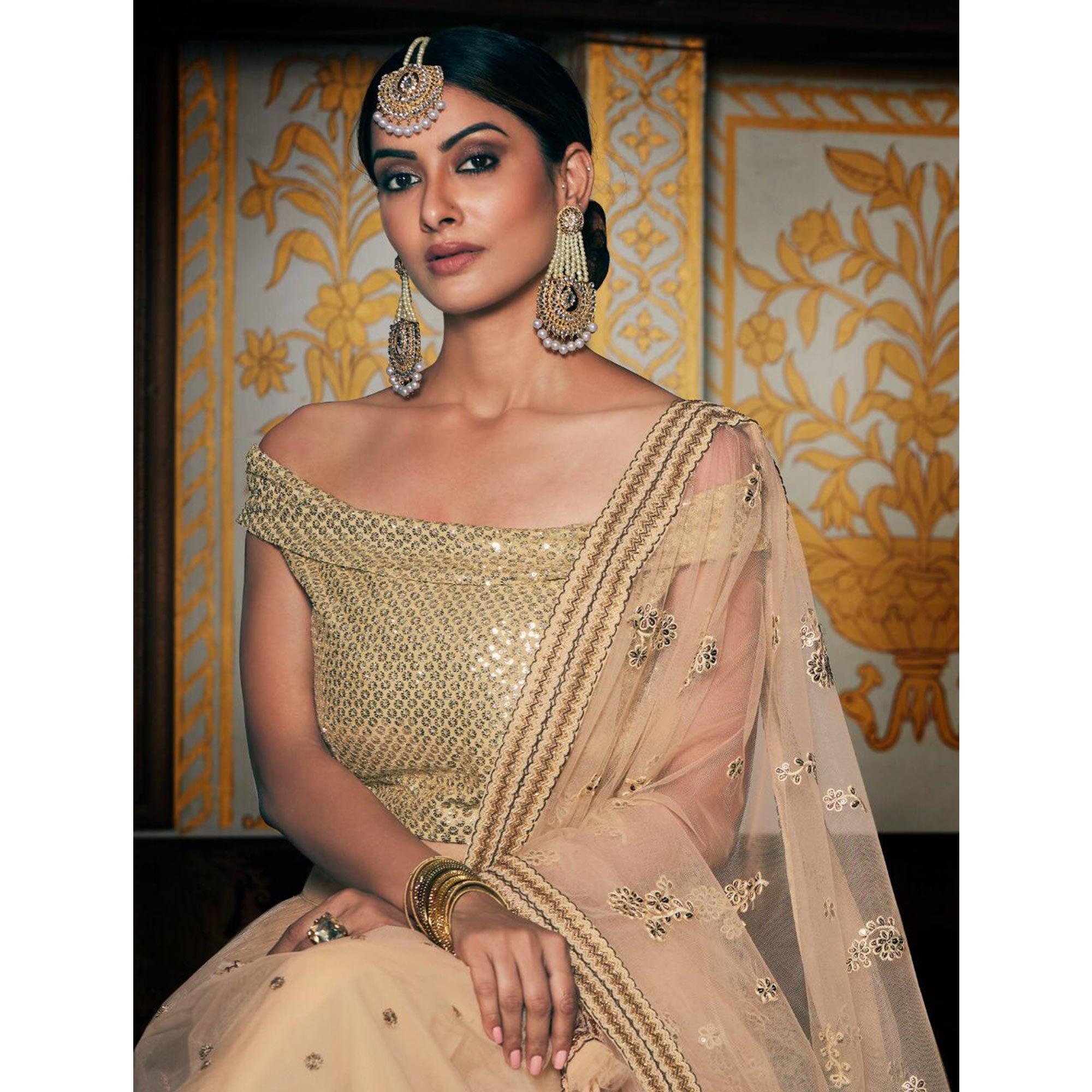 Cream Wedding Wear Floral Embroidery With Sequence And Dori Work Net Lehenga Choli - Peachmode