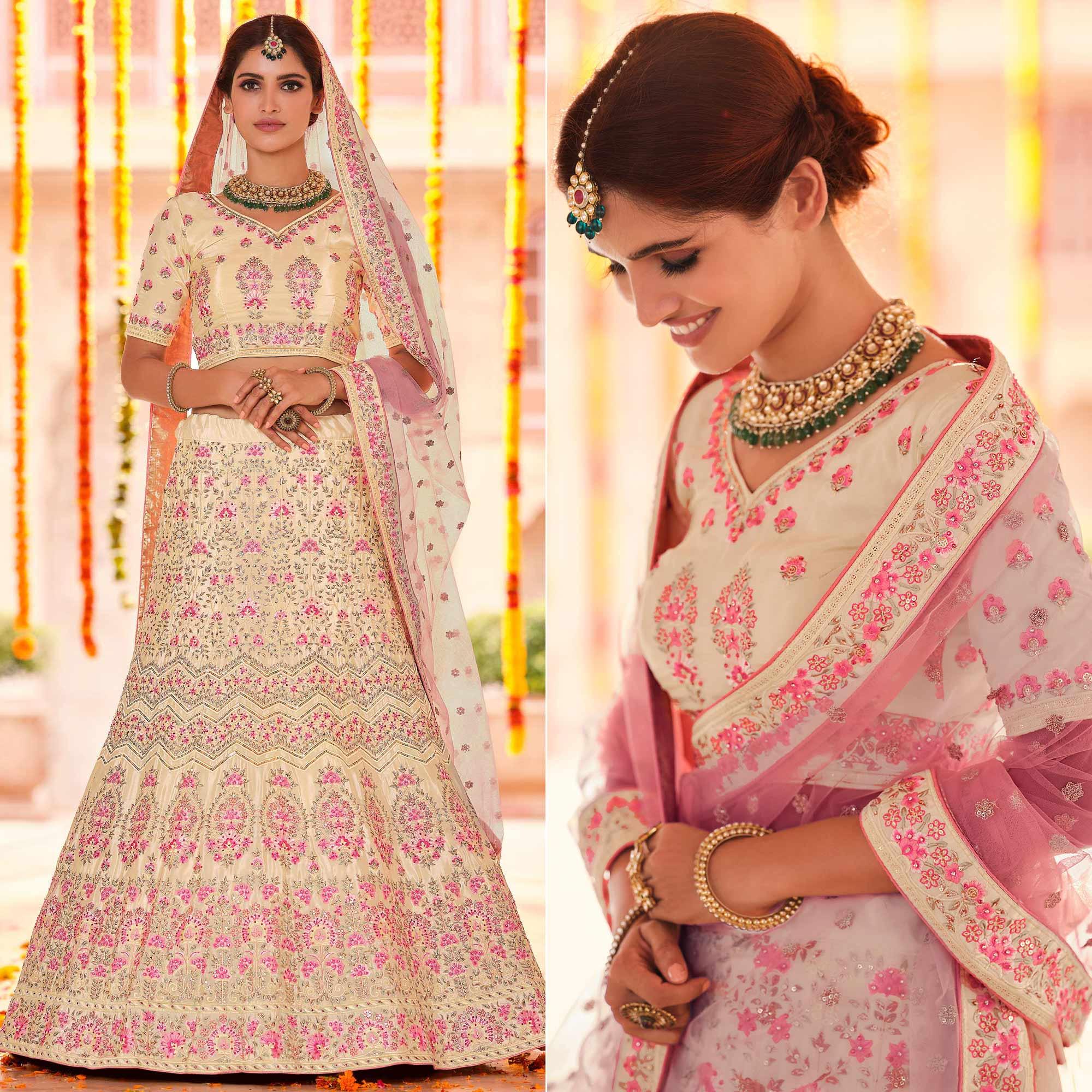 Cream Wedding Wear Heavy Embroidered Crepe Lehenga Choli - Peachmode