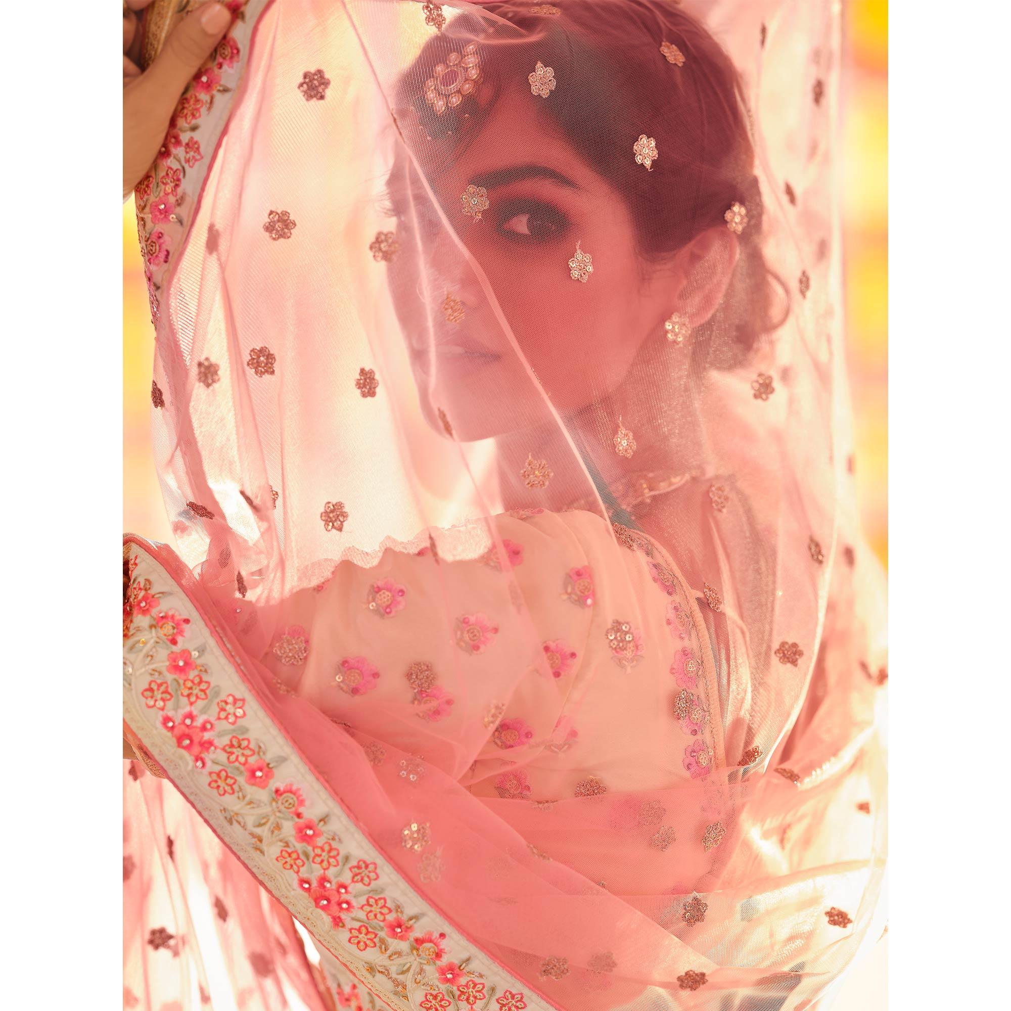 Cream Wedding Wear Heavy Embroidered Crepe Lehenga Choli - Peachmode