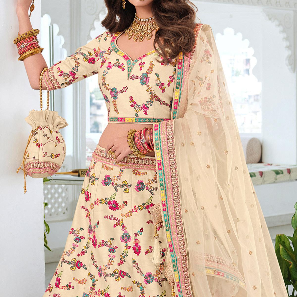 Cream Wedding Wear Sequence Floral Embroidered Silk Lehenga Choli - Peachmode