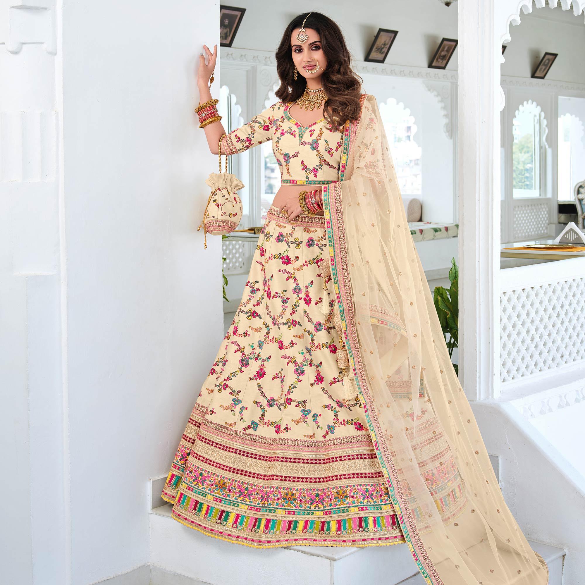 Cream Wedding Wear Sequence Floral Embroidered Silk Lehenga Choli - Peachmode