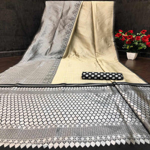 Cream-White Festive Wear Woven Butti Designer Border Soft Lichi Silk Saree - Peachmode