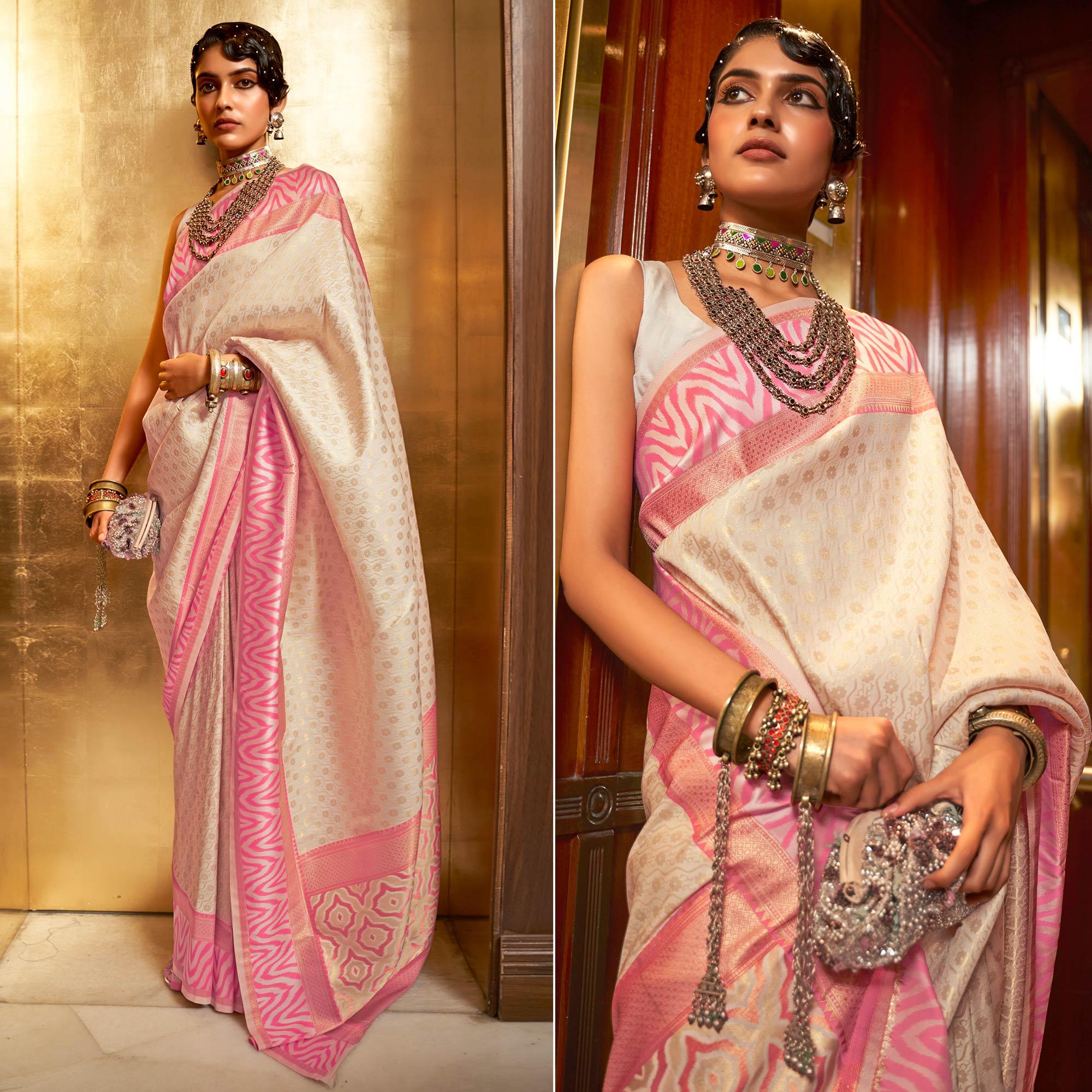 Cream Woven Art Silk Saree - Peachmode