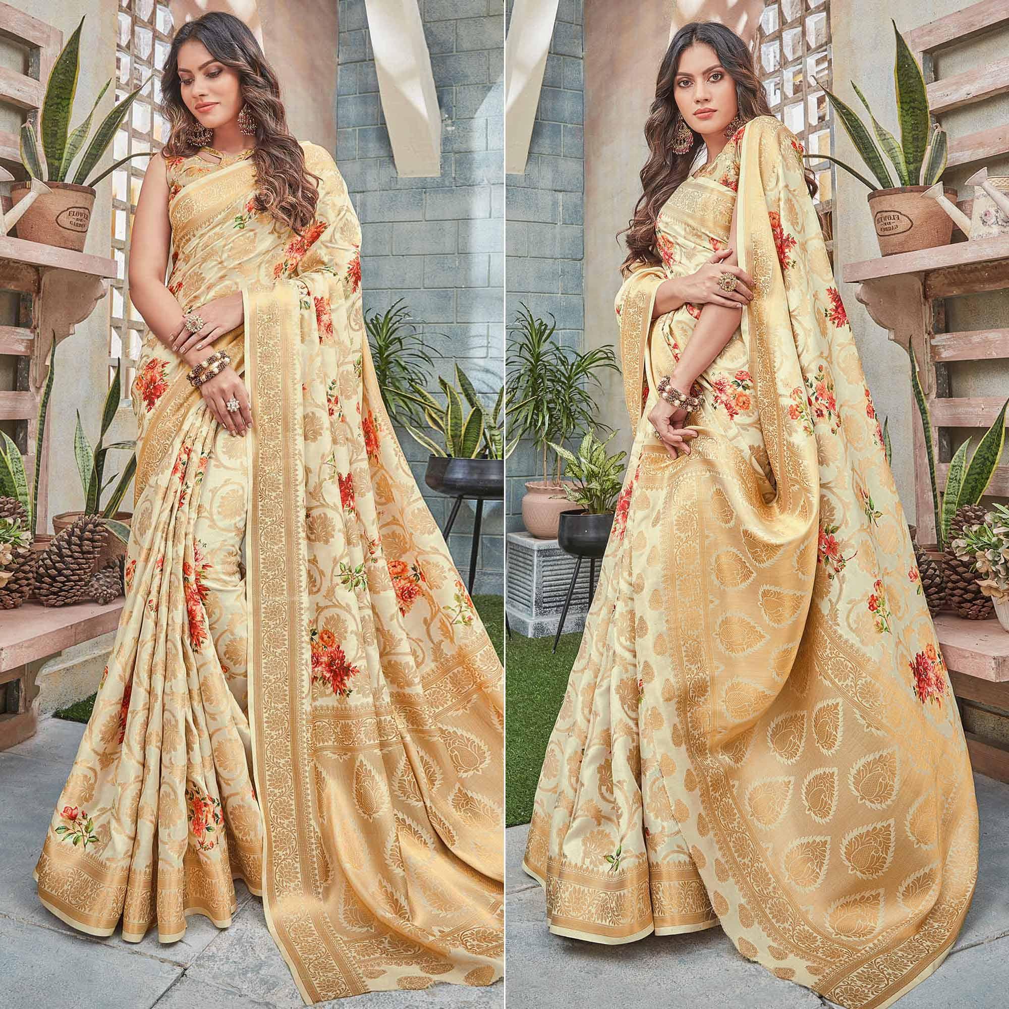 Cream Woven Art Silk Saree - Peachmode