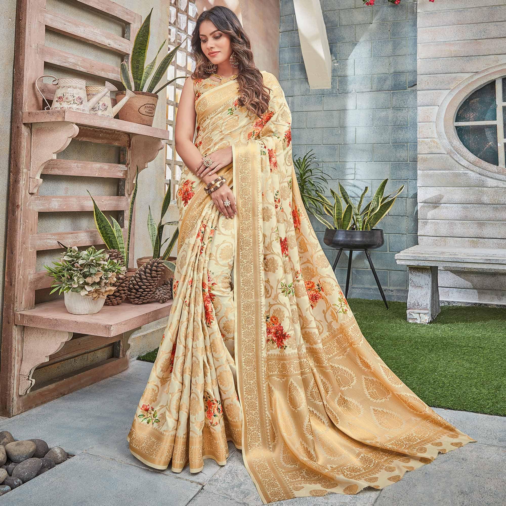 Cream Woven Art Silk Saree - Peachmode
