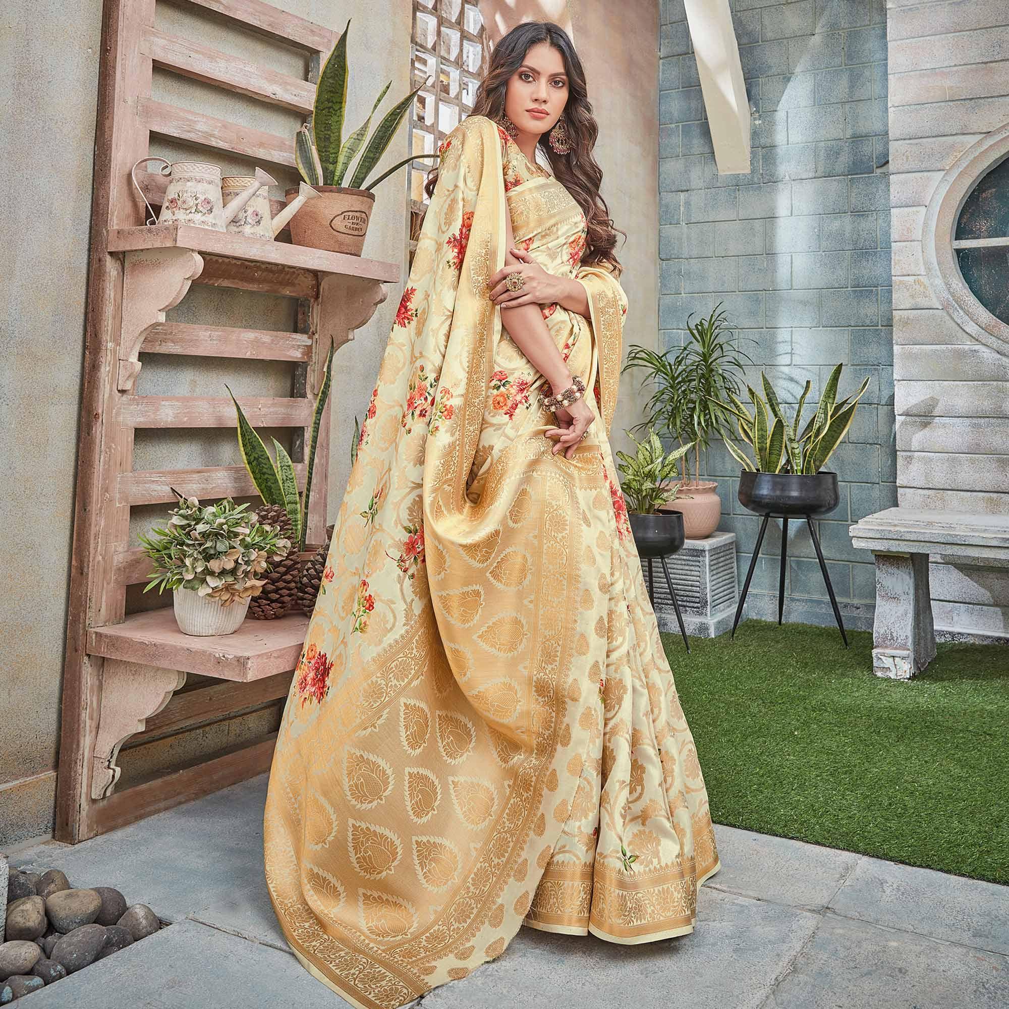 Cream Woven Art Silk Saree - Peachmode