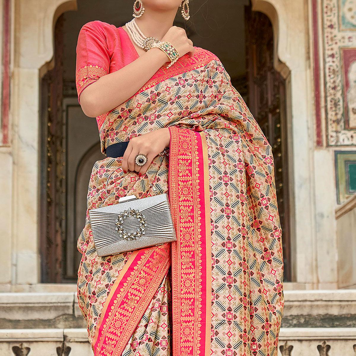 Cream Woven Art Silk Saree With Tassels - Peachmode