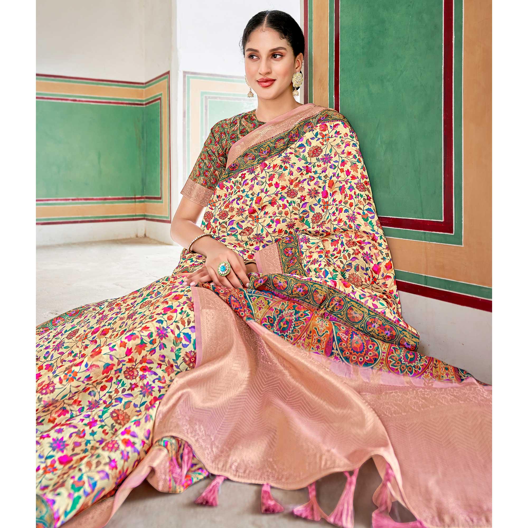 Cream Woven Art Silk Saree With Tassels - Peachmode