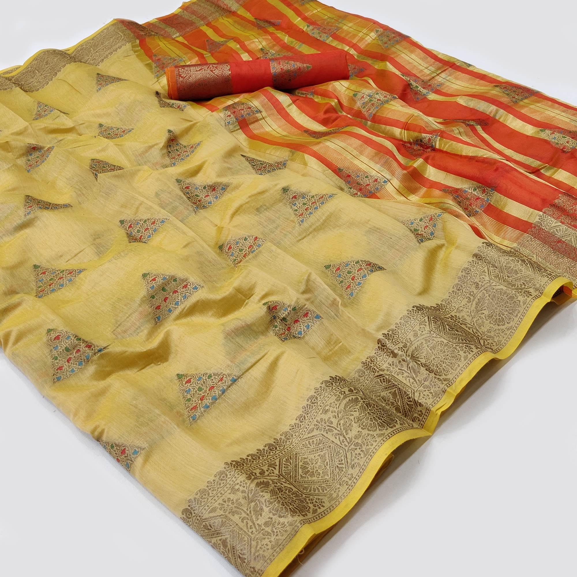 Cream Woven Cotton Silk Saree - Peachmode