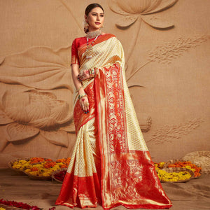 Cream Woven Cotton Silk Saree - Peachmode