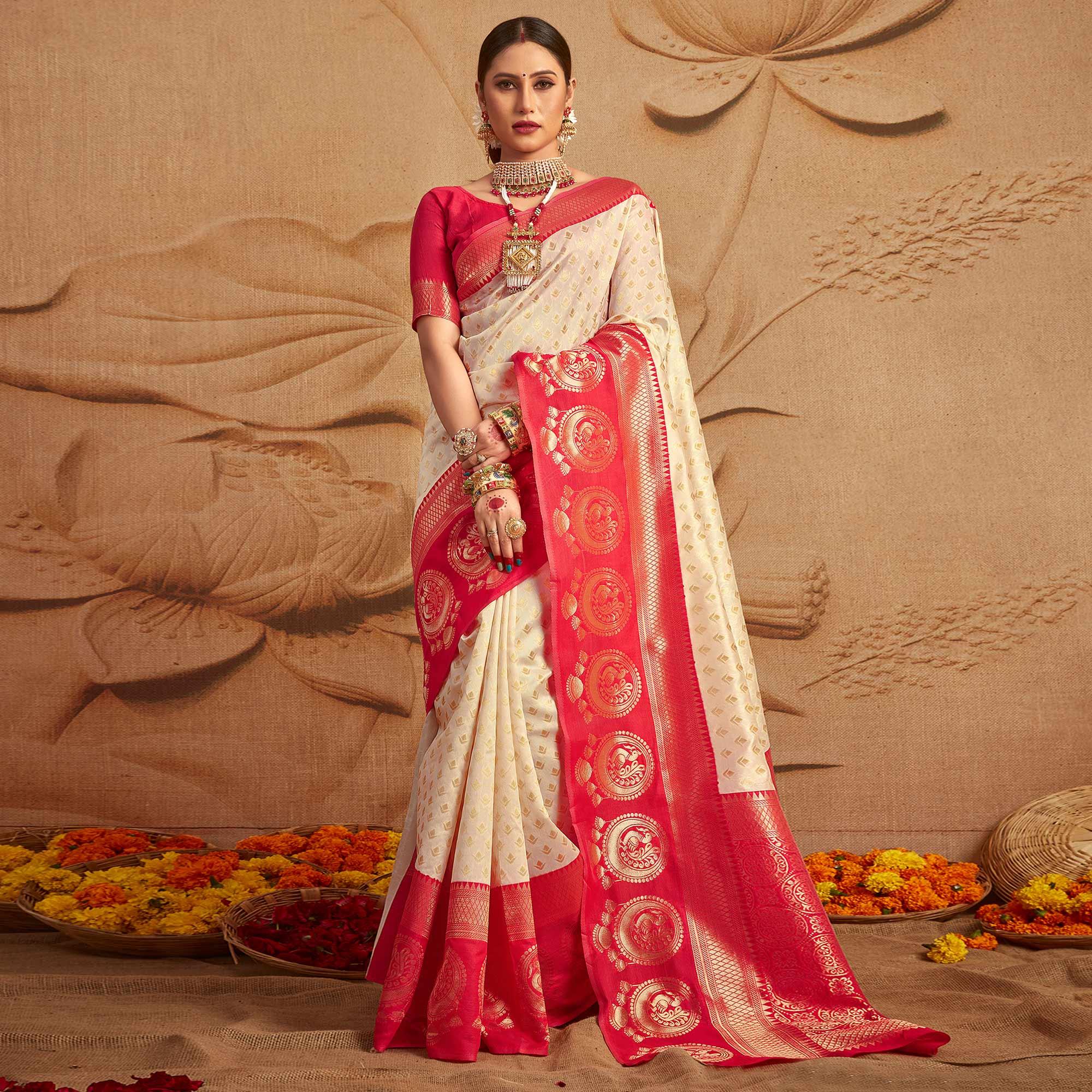 Cream Woven Cotton Silk Saree - Peachmode