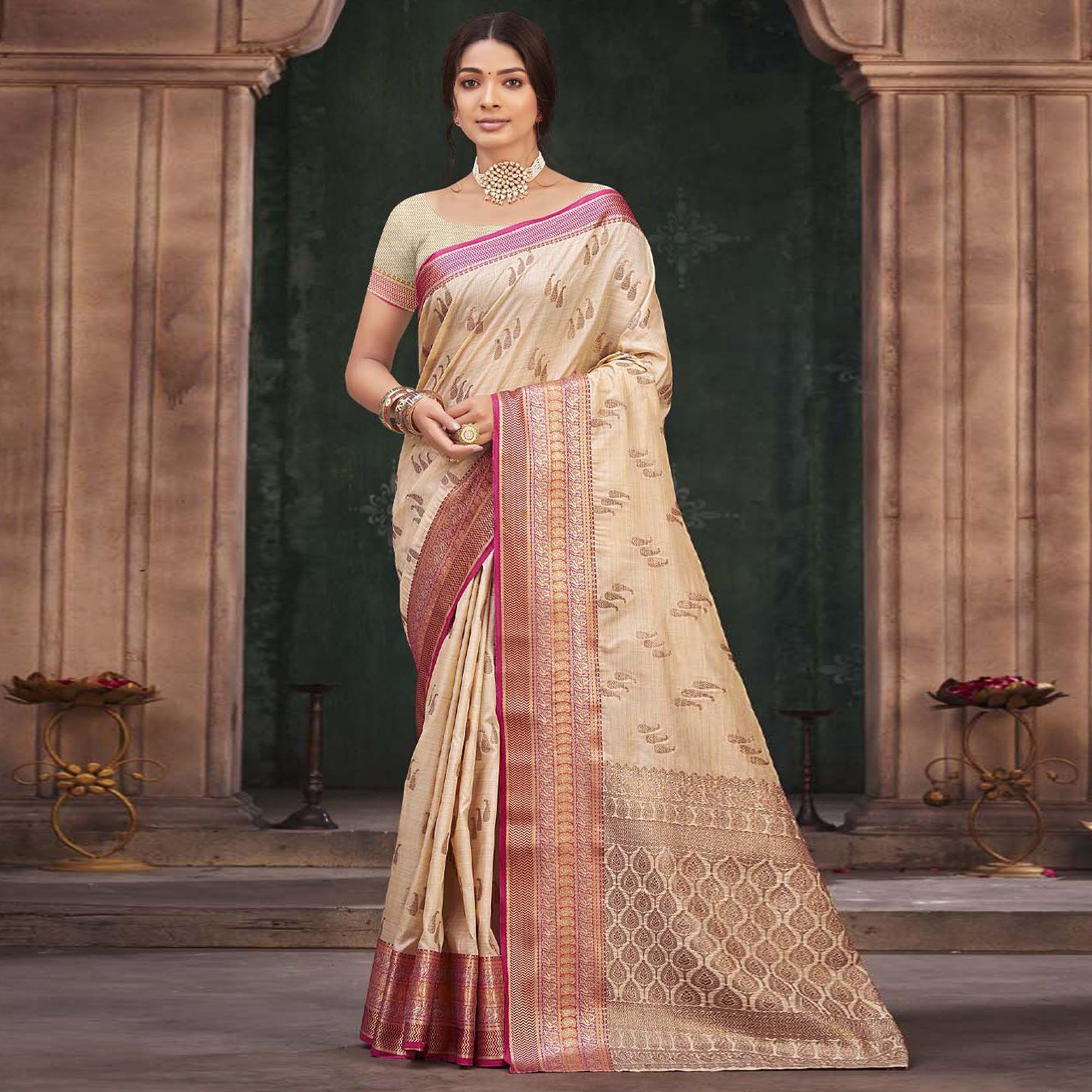 Cream Woven Cotton Silk Saree - Peachmode