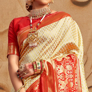 Cream Woven Cotton Silk Saree - Peachmode