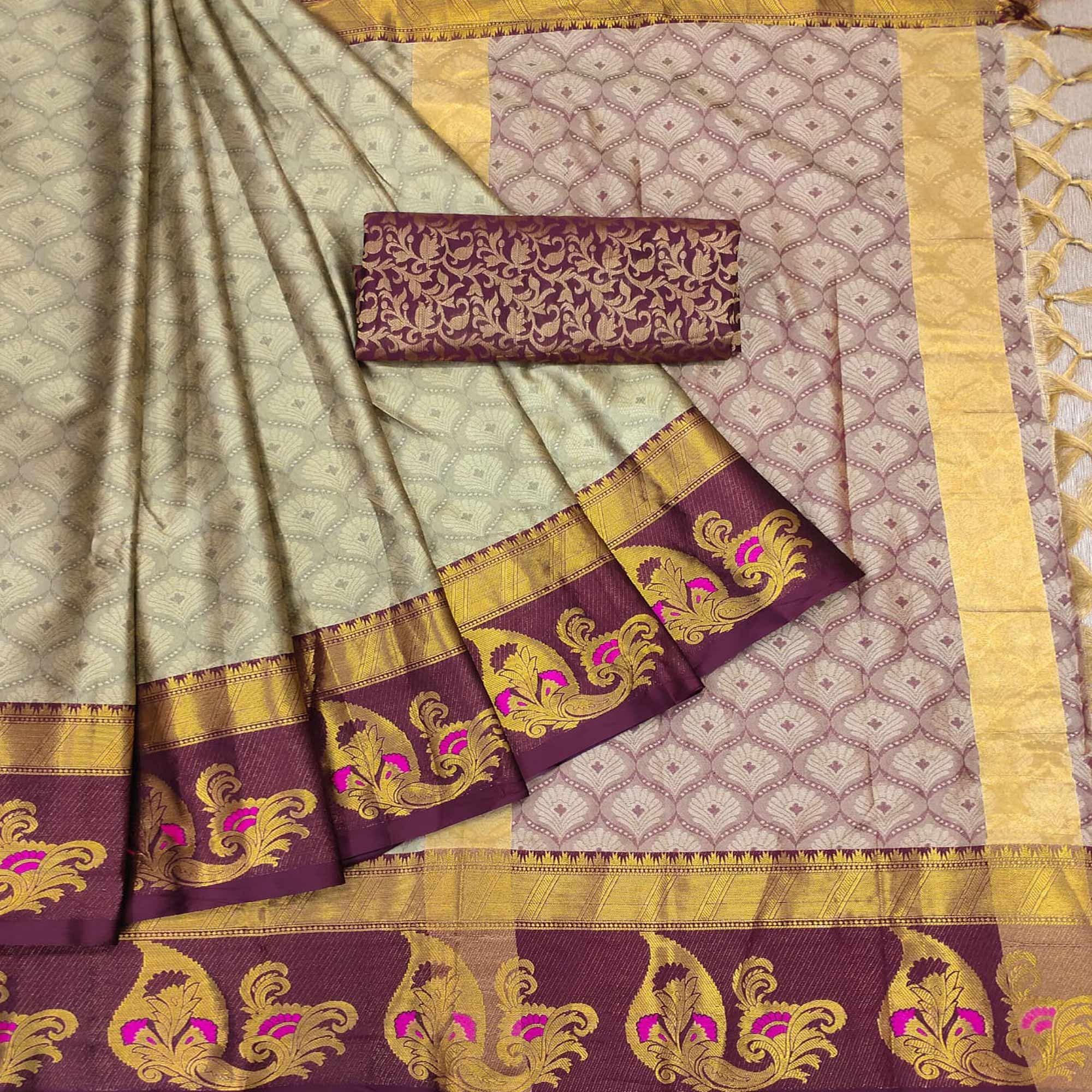 Cream Woven Cotton Silk Saree With Tassels - Peachmode
