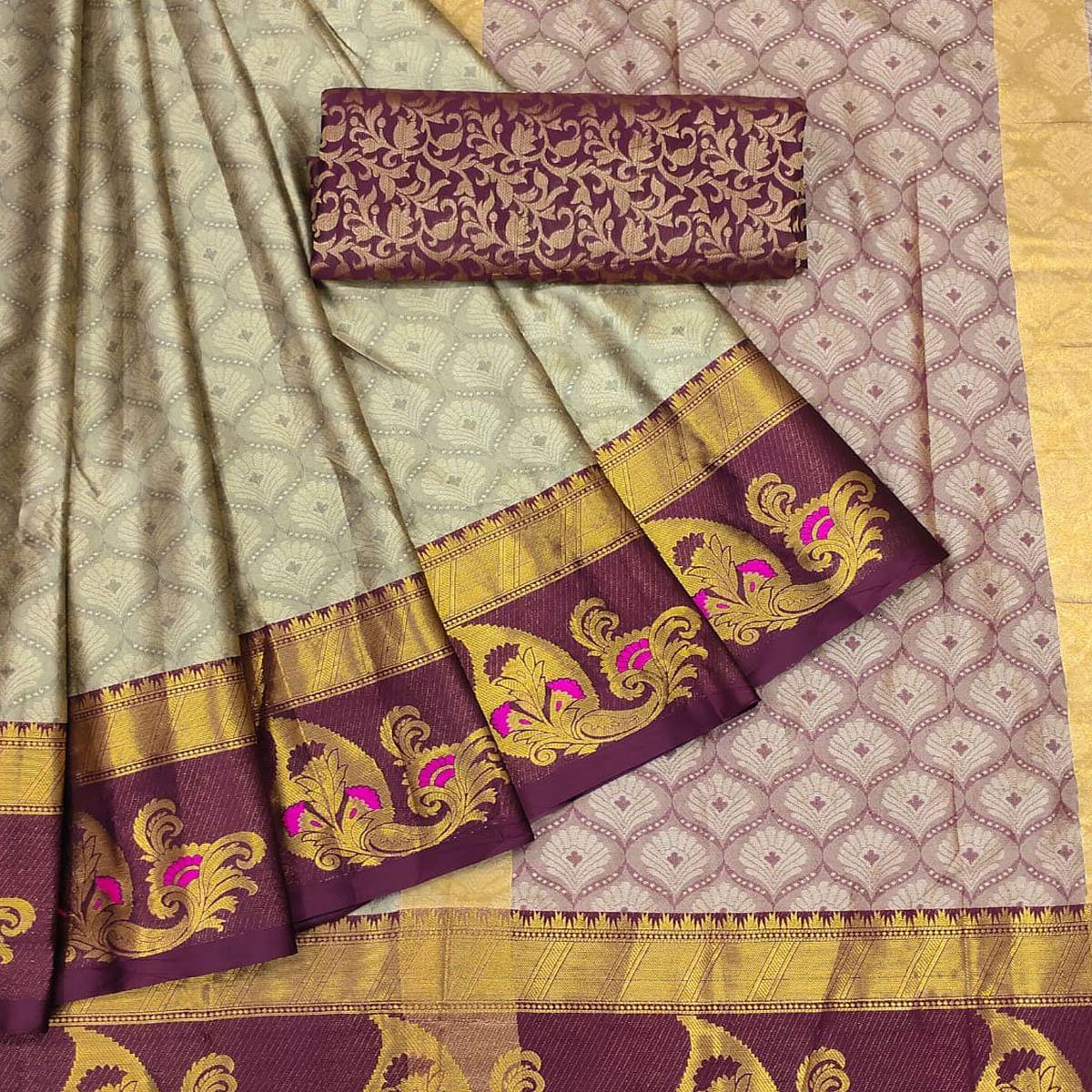 Cream Woven Cotton Silk Saree With Tassels - Peachmode