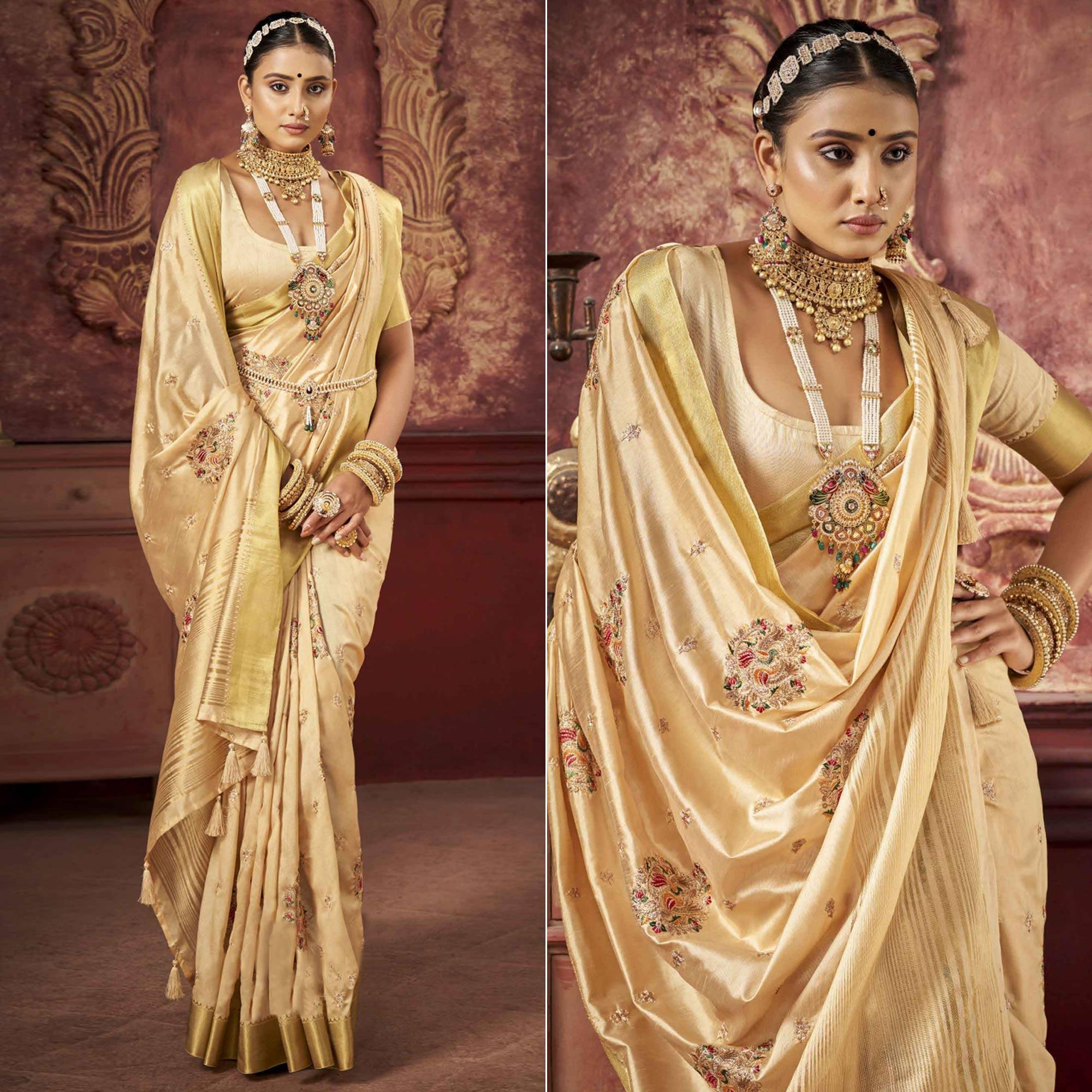 Cream Woven-Embroidered Raw Silk Saree With Tassels - Peachmode
