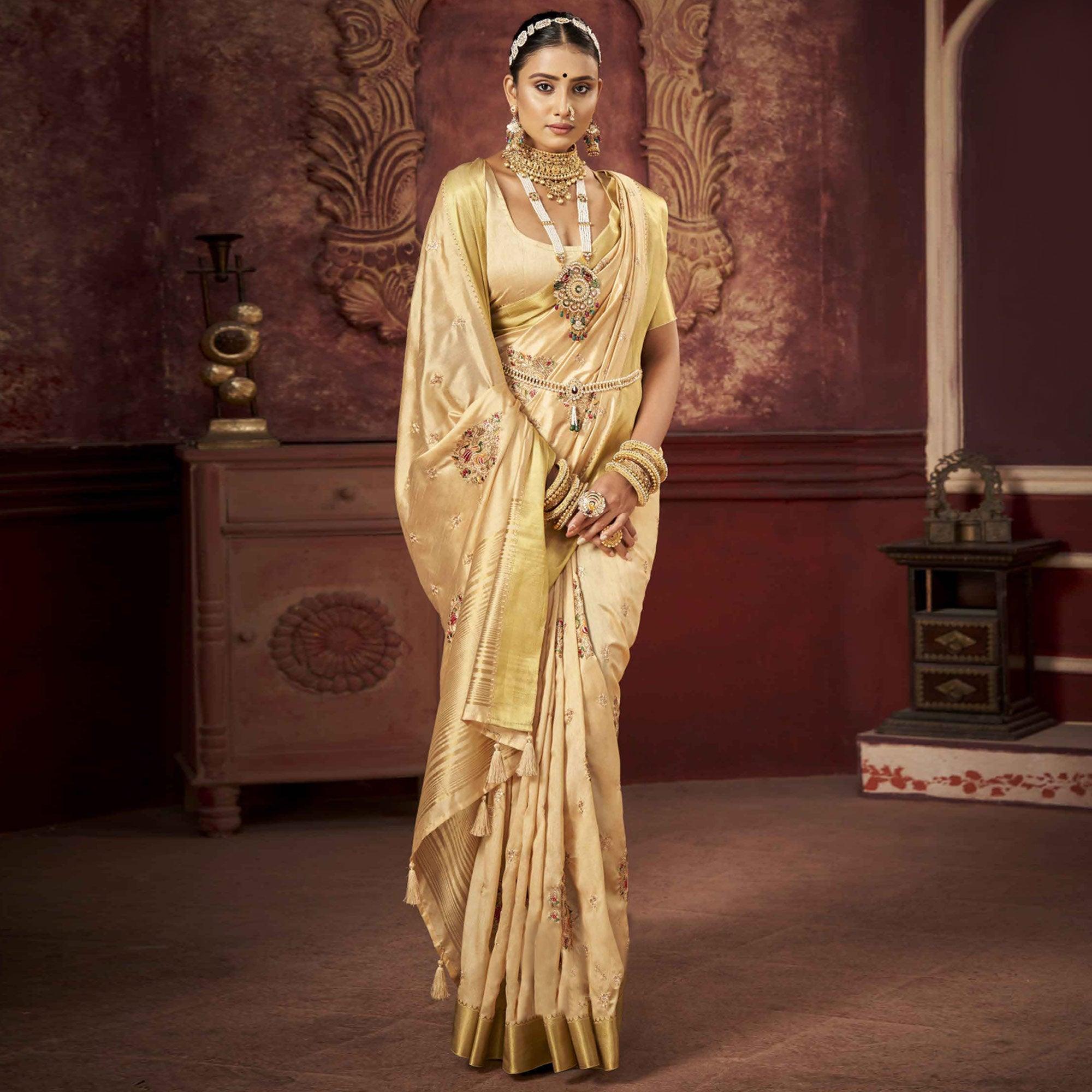 Cream Woven-Embroidered Raw Silk Saree With Tassels - Peachmode
