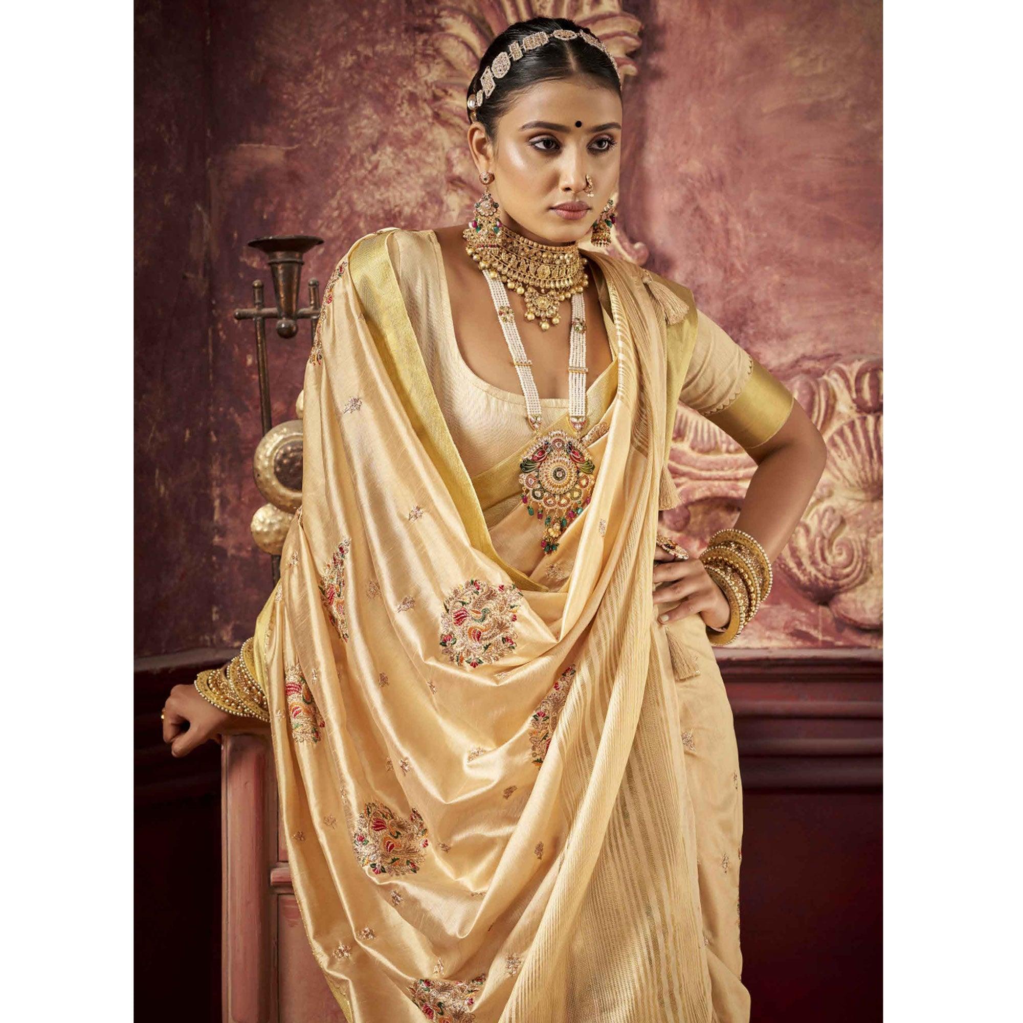 Cream Woven-Embroidered Raw Silk Saree With Tassels - Peachmode