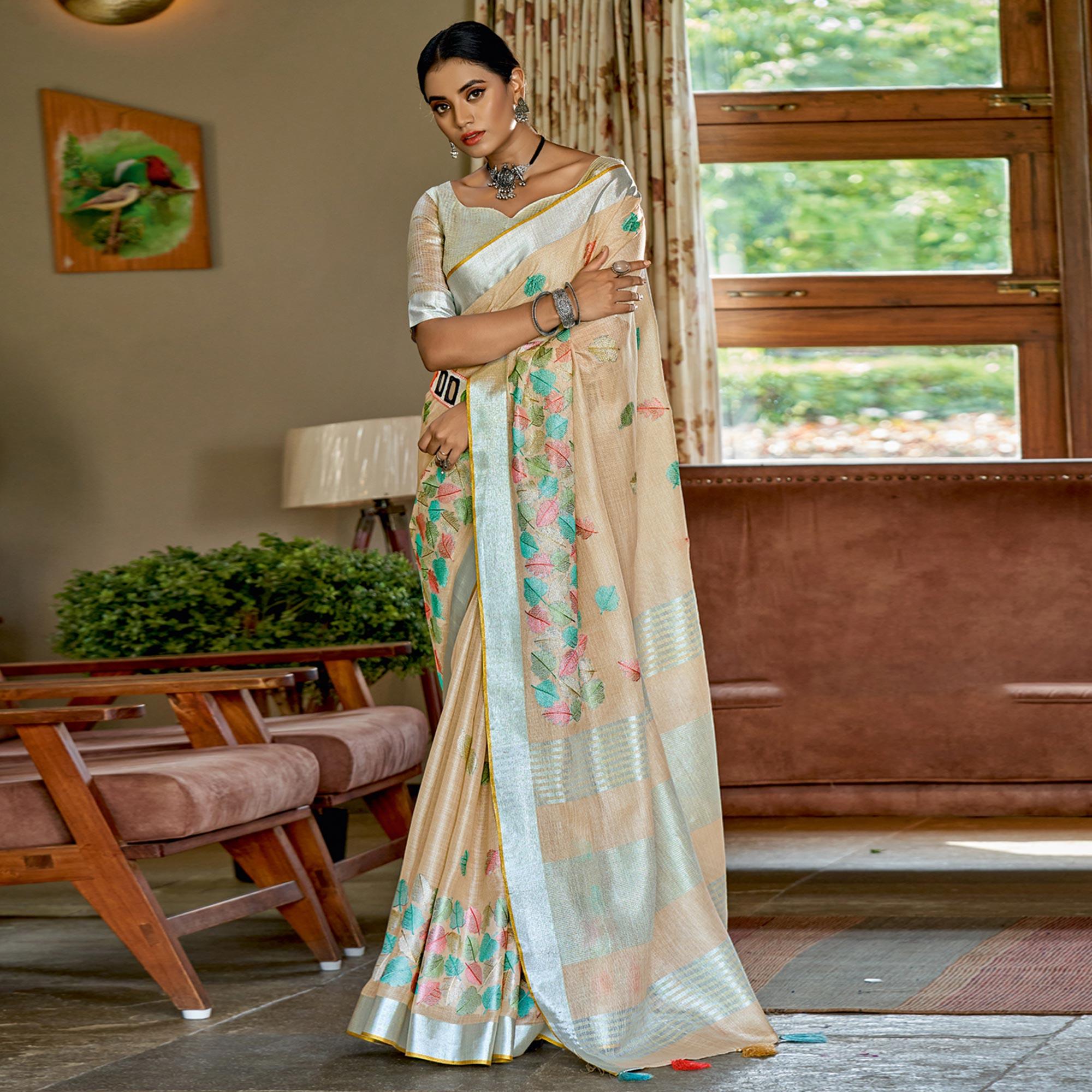 Cream Woven Linen Saree - Peachmode