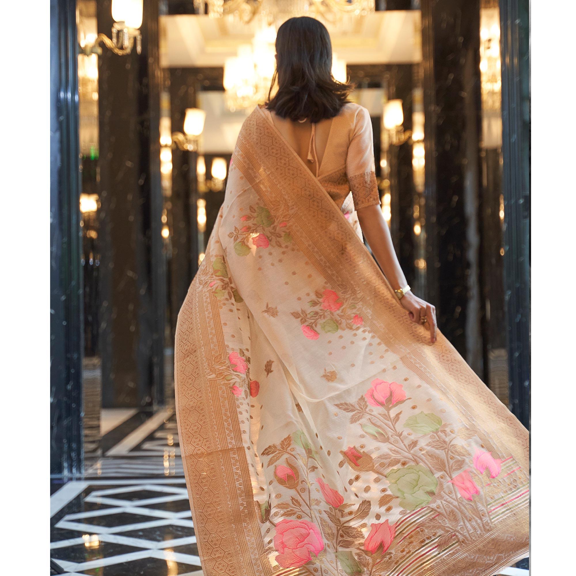 Cream Woven Linen Saree - Peachmode