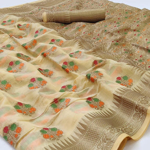 Cream Woven Organza Saree - Peachmode