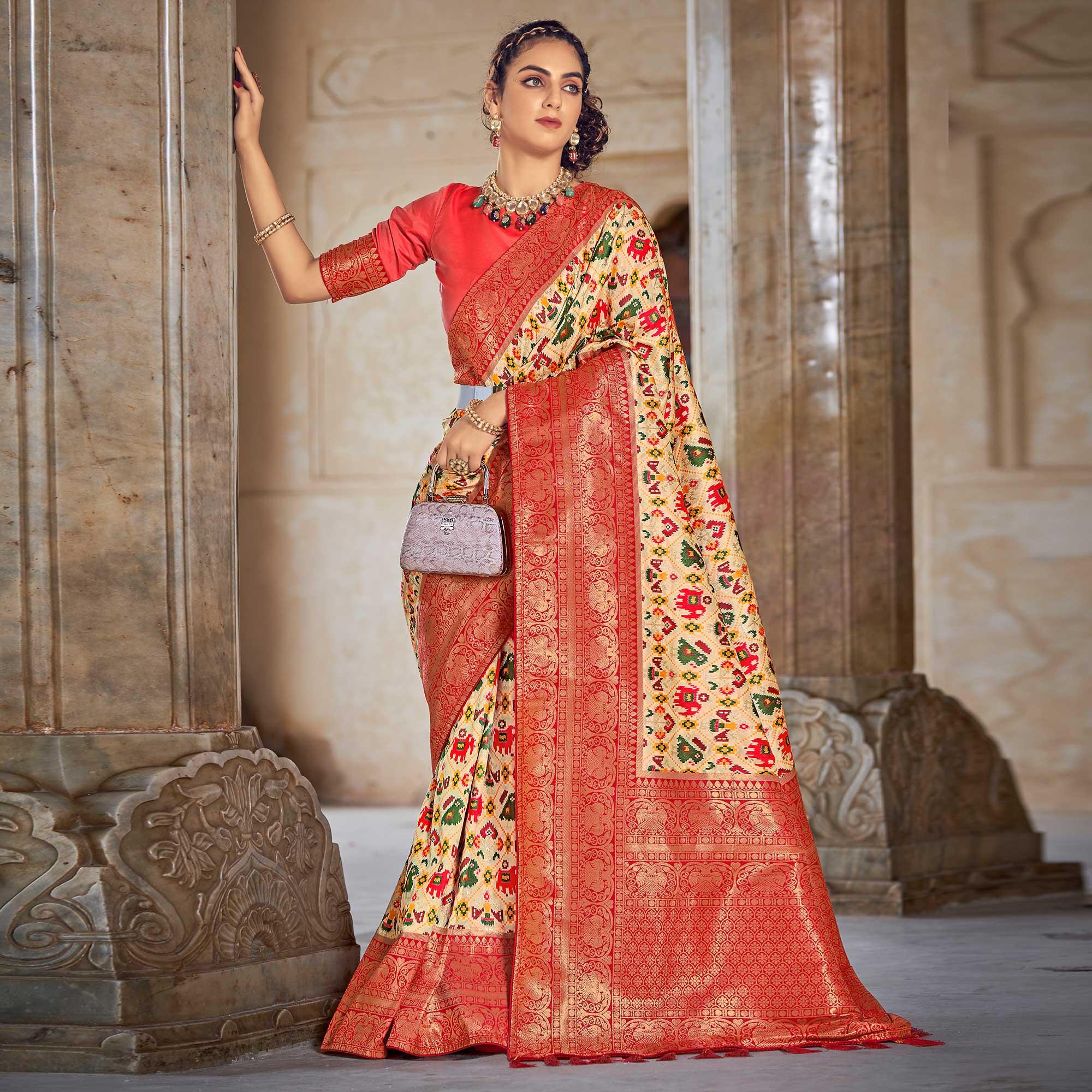 Cream Woven Patola Art Silk Saree - Peachmode