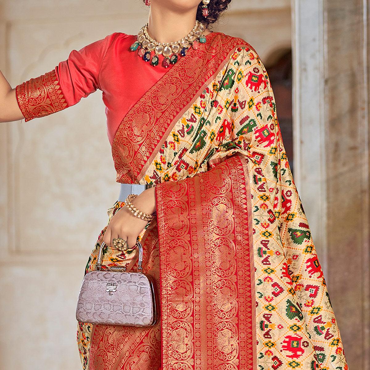 Cream Woven Patola Art Silk Saree - Peachmode