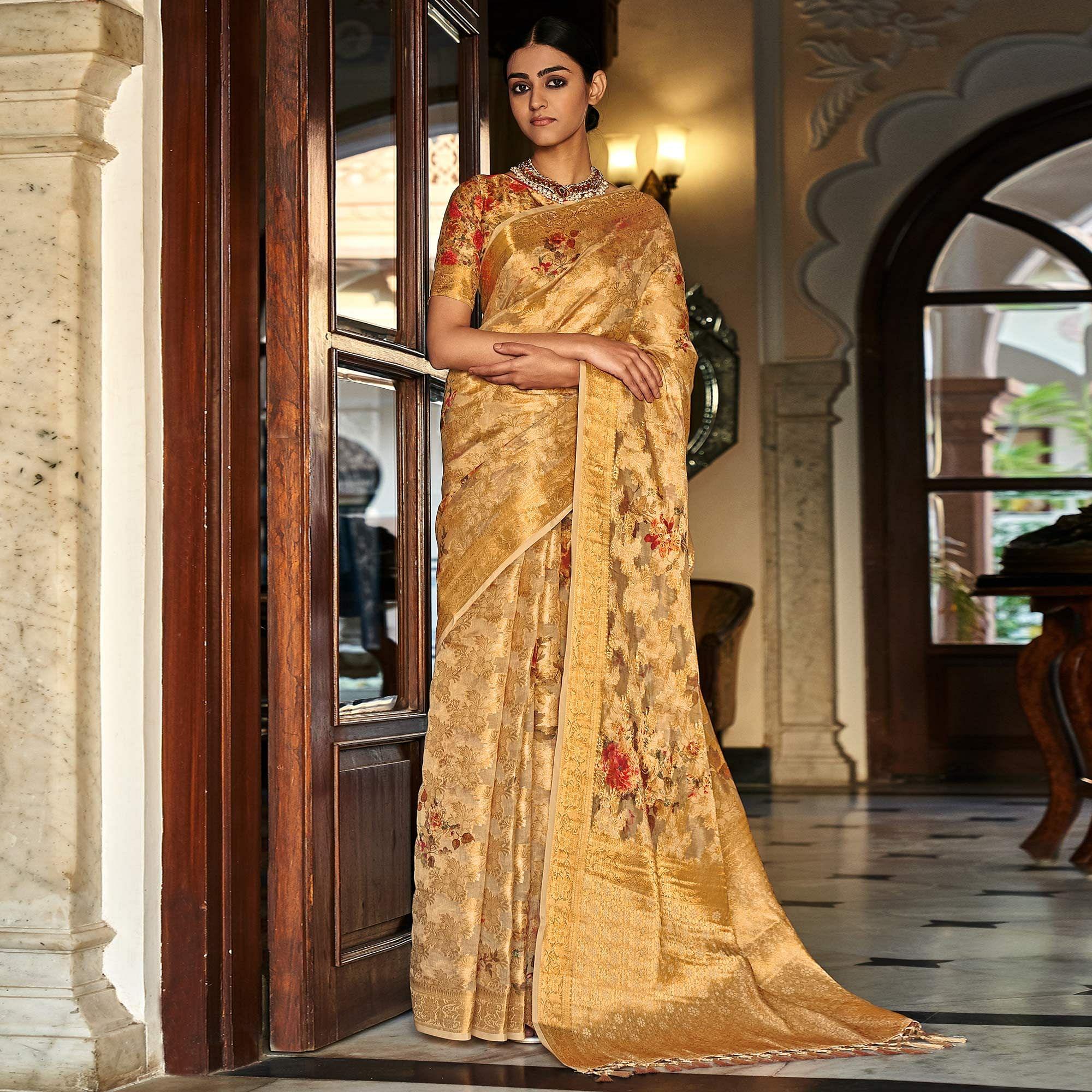 Cream Woven With Printed Cotton Silk Saree With Tassels - Peachmode