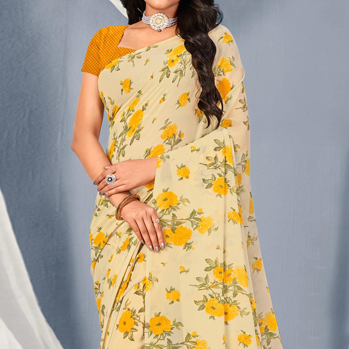 Cream-Yellow Floral Printed Georgette Saree - Peachmode