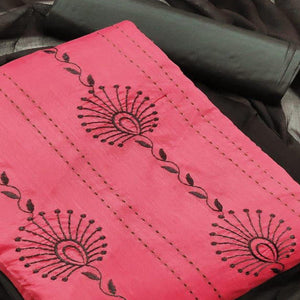 Crimson Red - Brown Embroidered Chanderi Dress Material - Peachmode