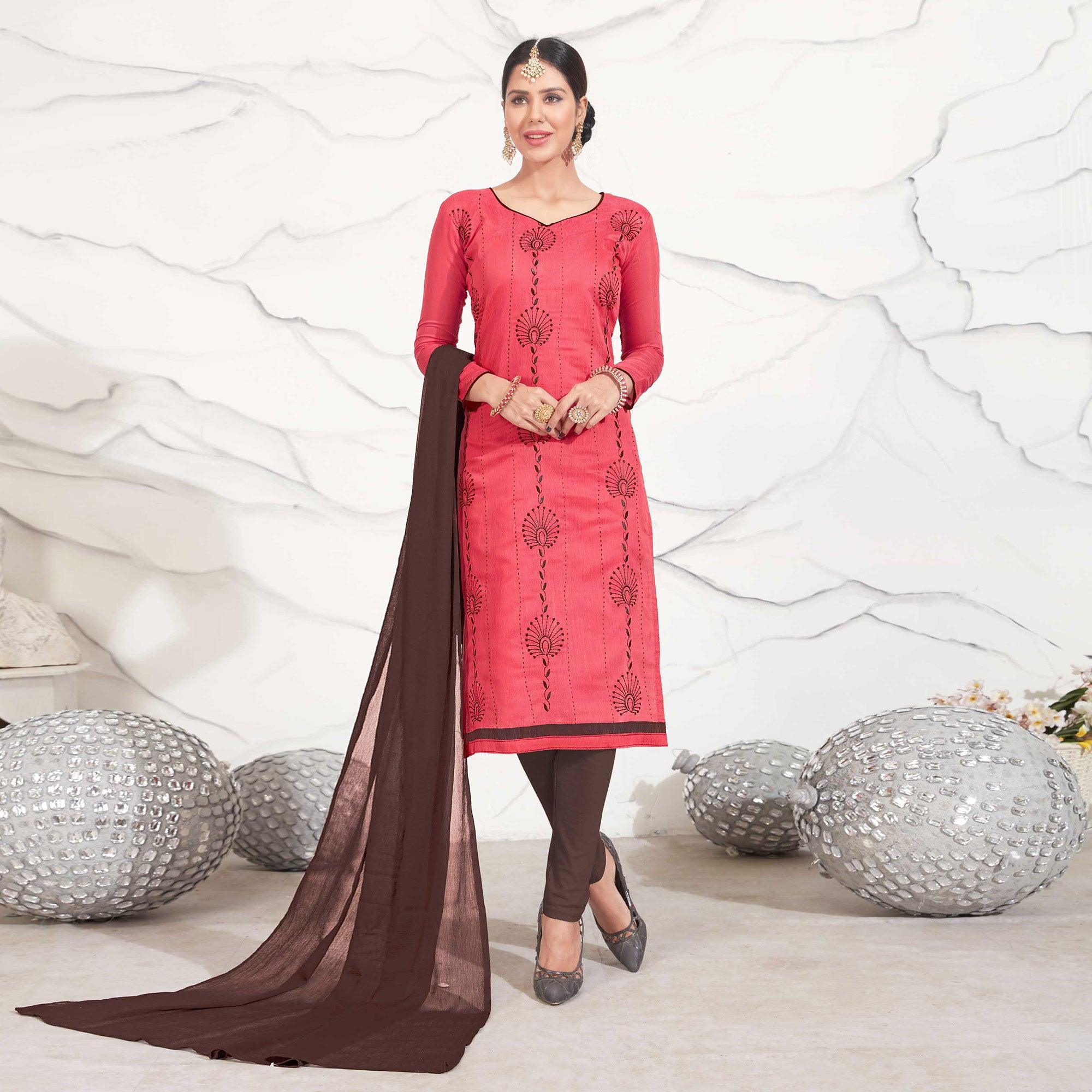 Crimson Red - Brown Embroidered Chanderi Dress Material - Peachmode