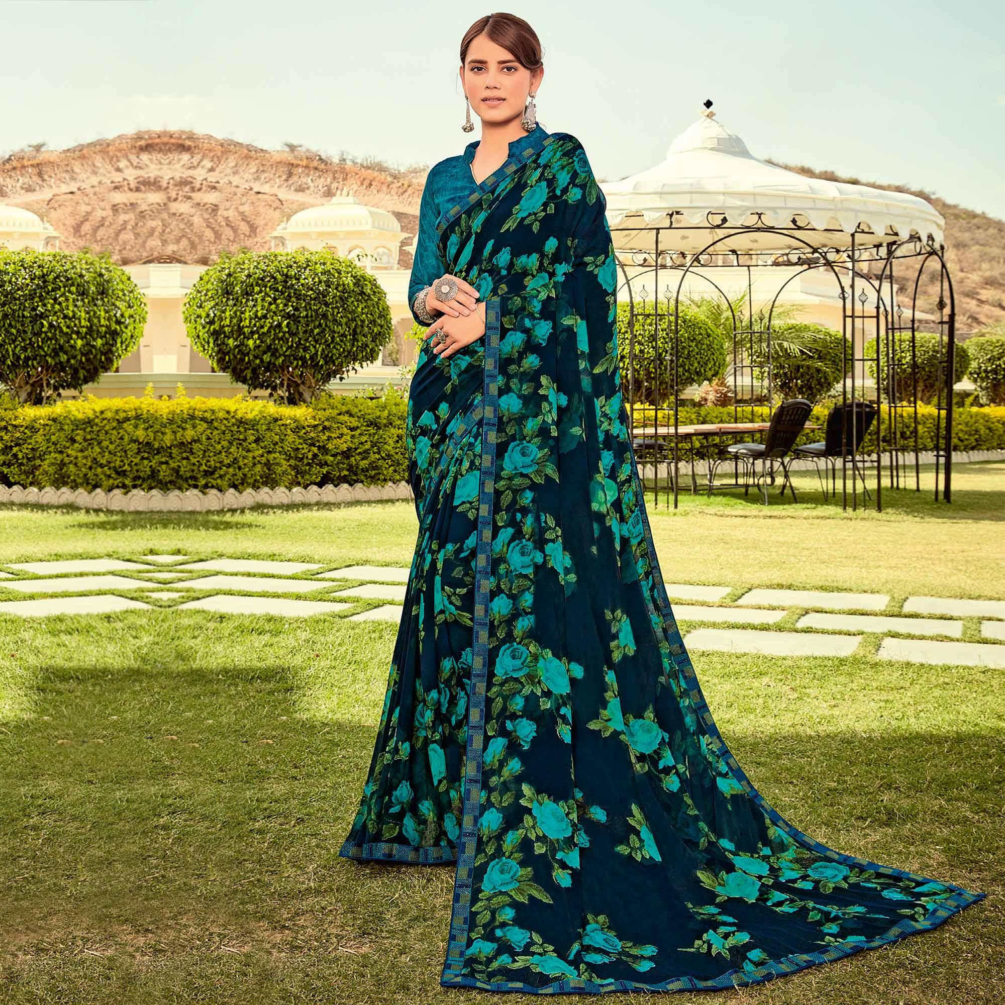 Dark Blue Casual Wear Printed Georgette Saree - Peachmode
