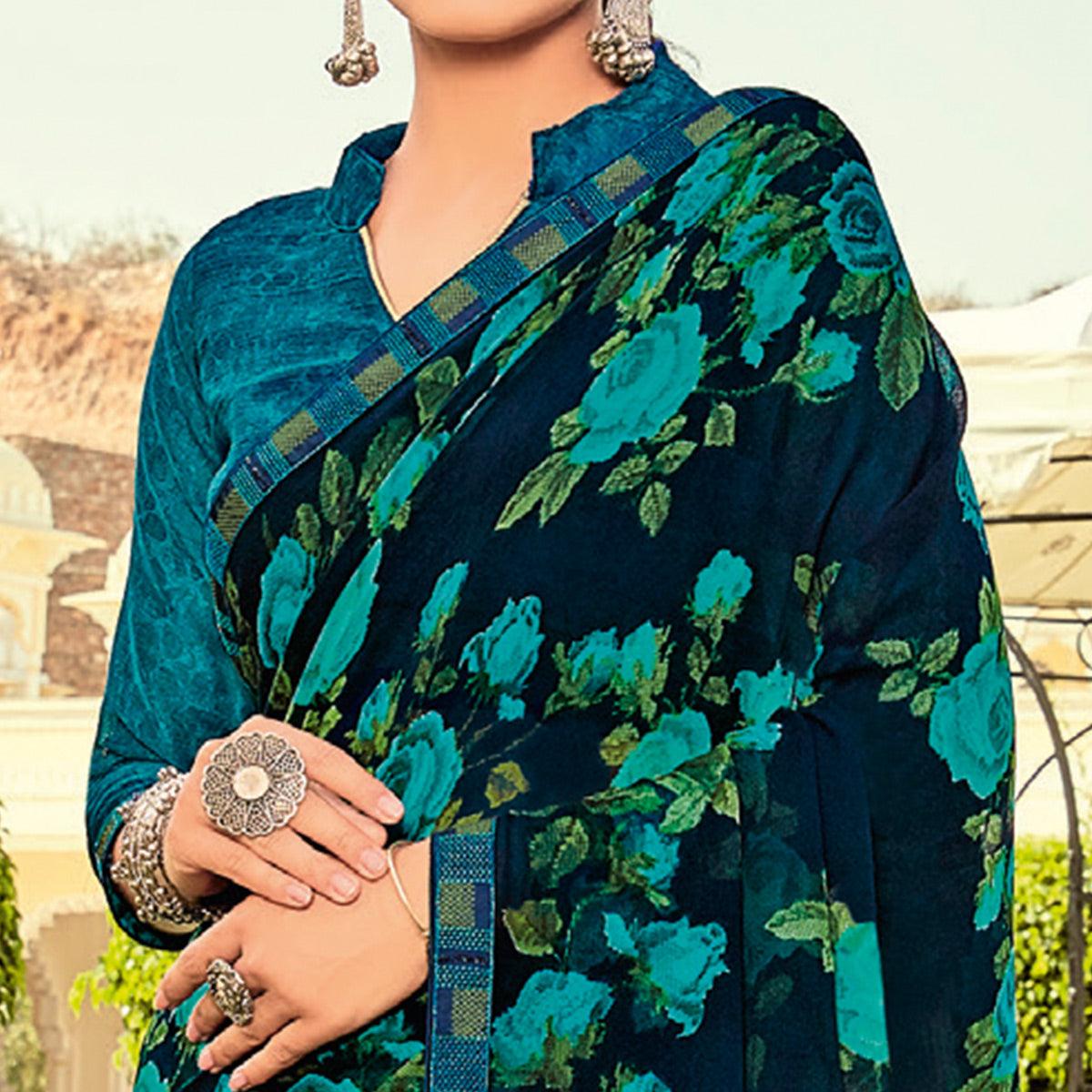 Dark Blue Casual Wear Printed Georgette Saree - Peachmode