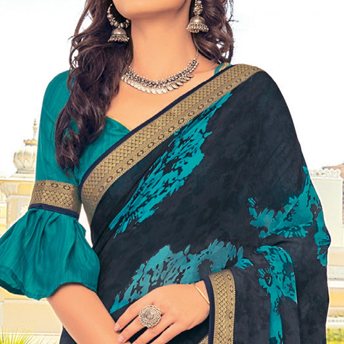 Dark Blue Casual Wear Printed Georgette Saree With Border - Peachmode