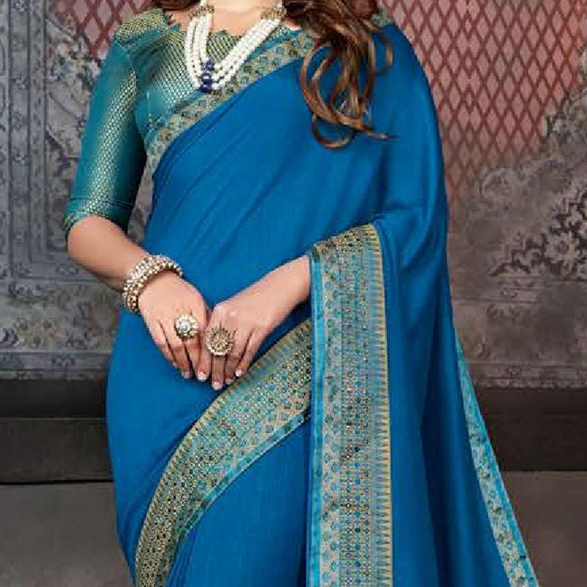 Dark Blue Casual Wear Solid Silk Saree With Border - Peachmode