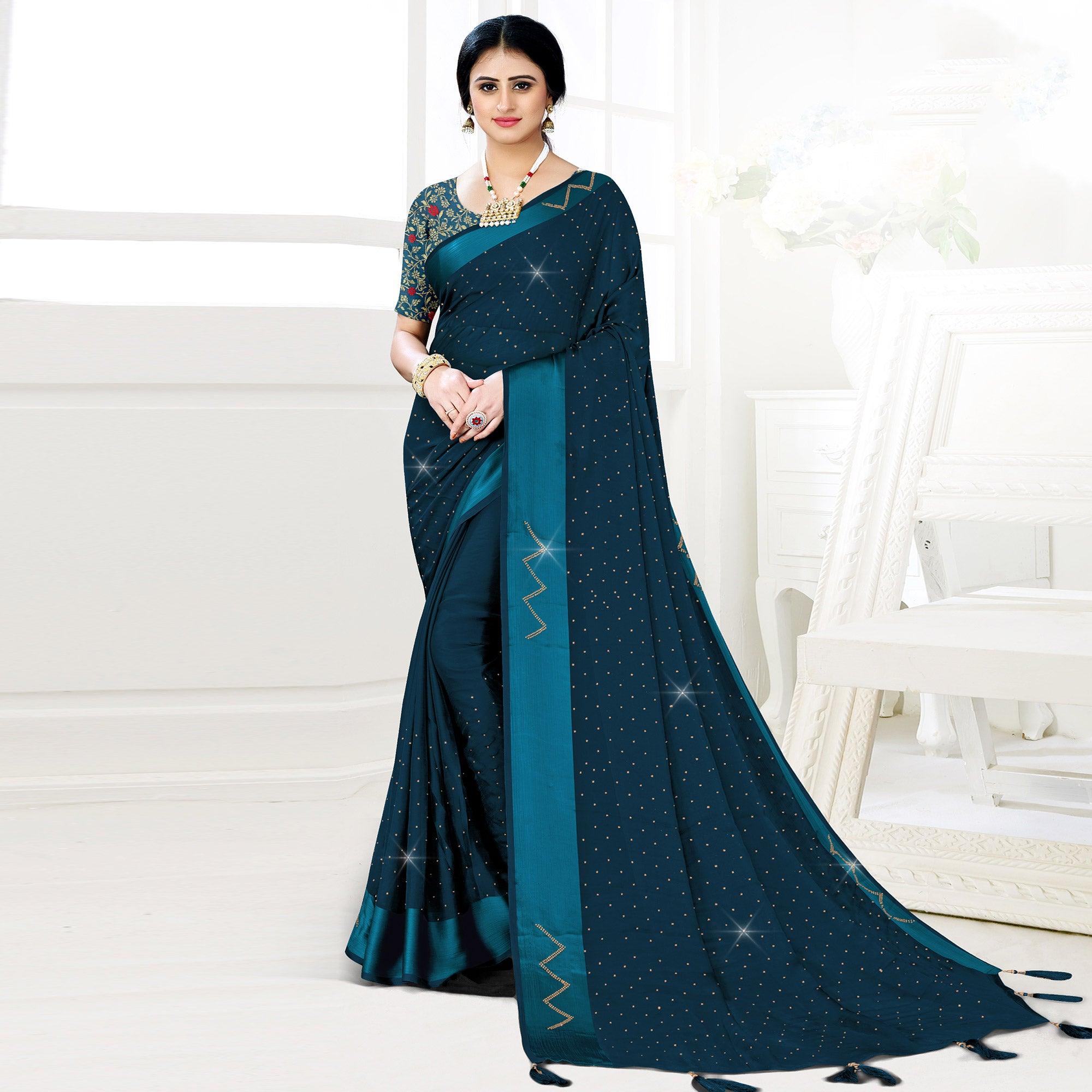 Dark Blue Festive Wear Diamond And Swarovski Soft Chiffon-Satin Saree - Peachmode