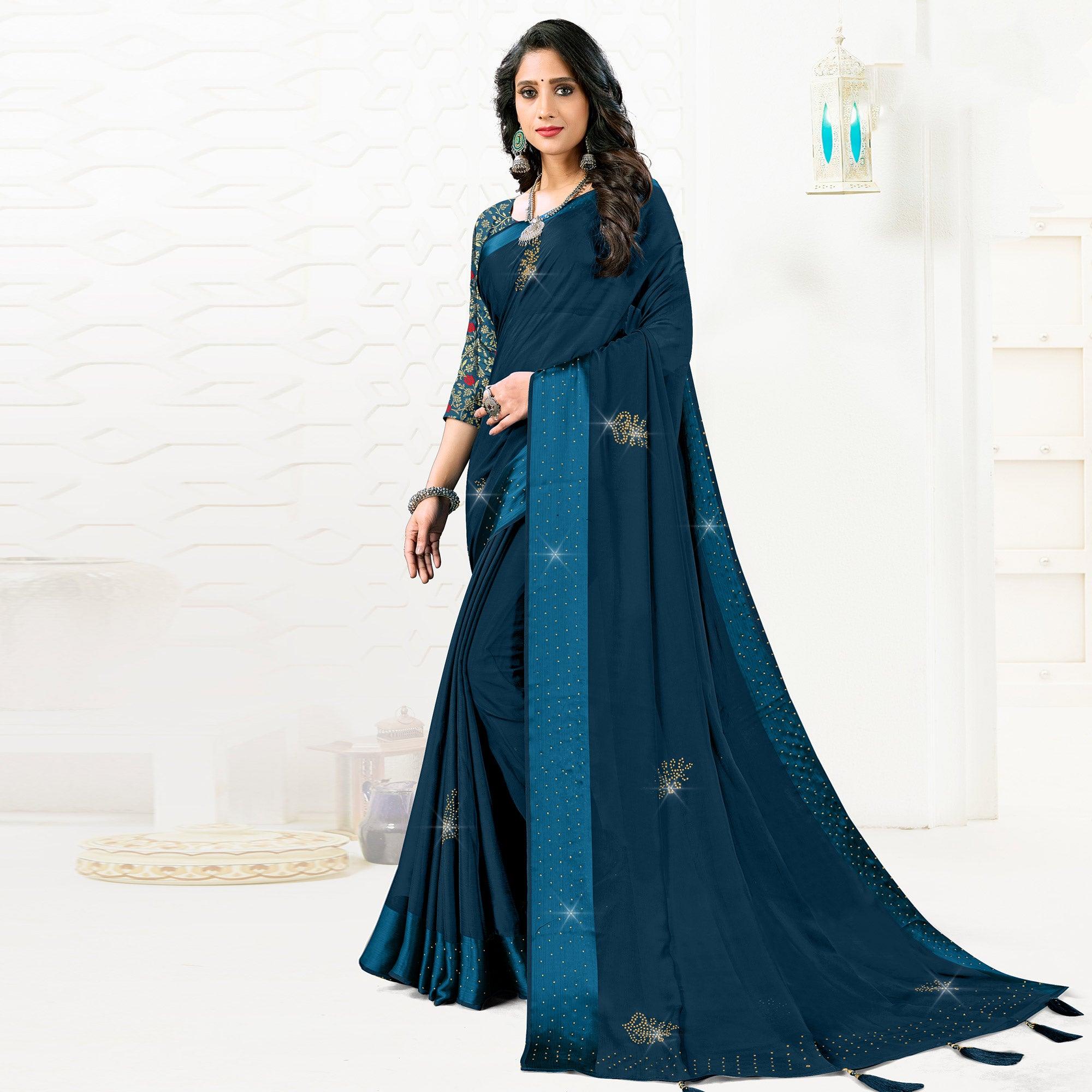 Dark Blue Festive Wear Diamond And Swarovski Soft Chiffon-Satin Saree - Peachmode