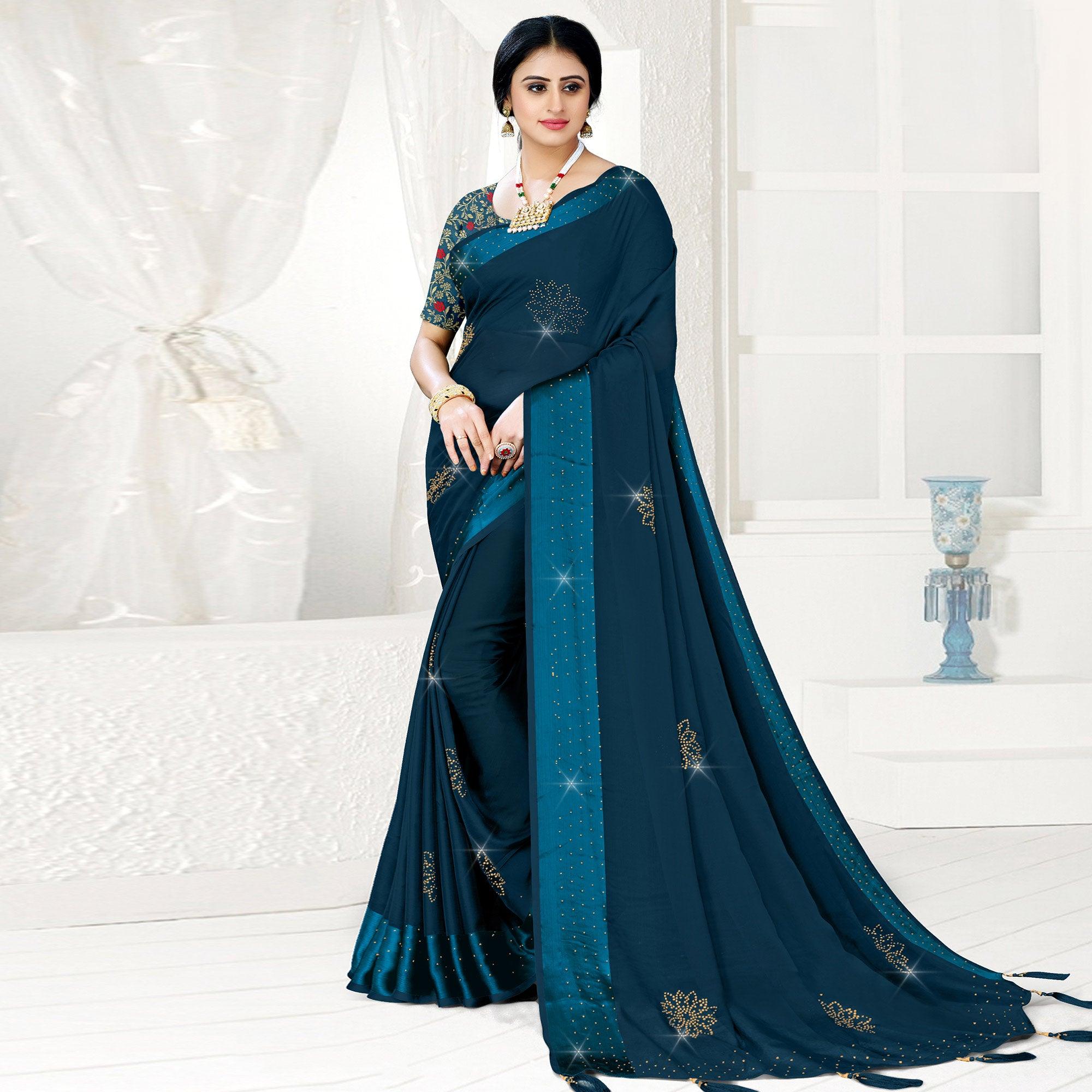 Dark Blue Festive Wear Diamond And Swarovski Soft Chiffon-Satin Saree - Peachmode
