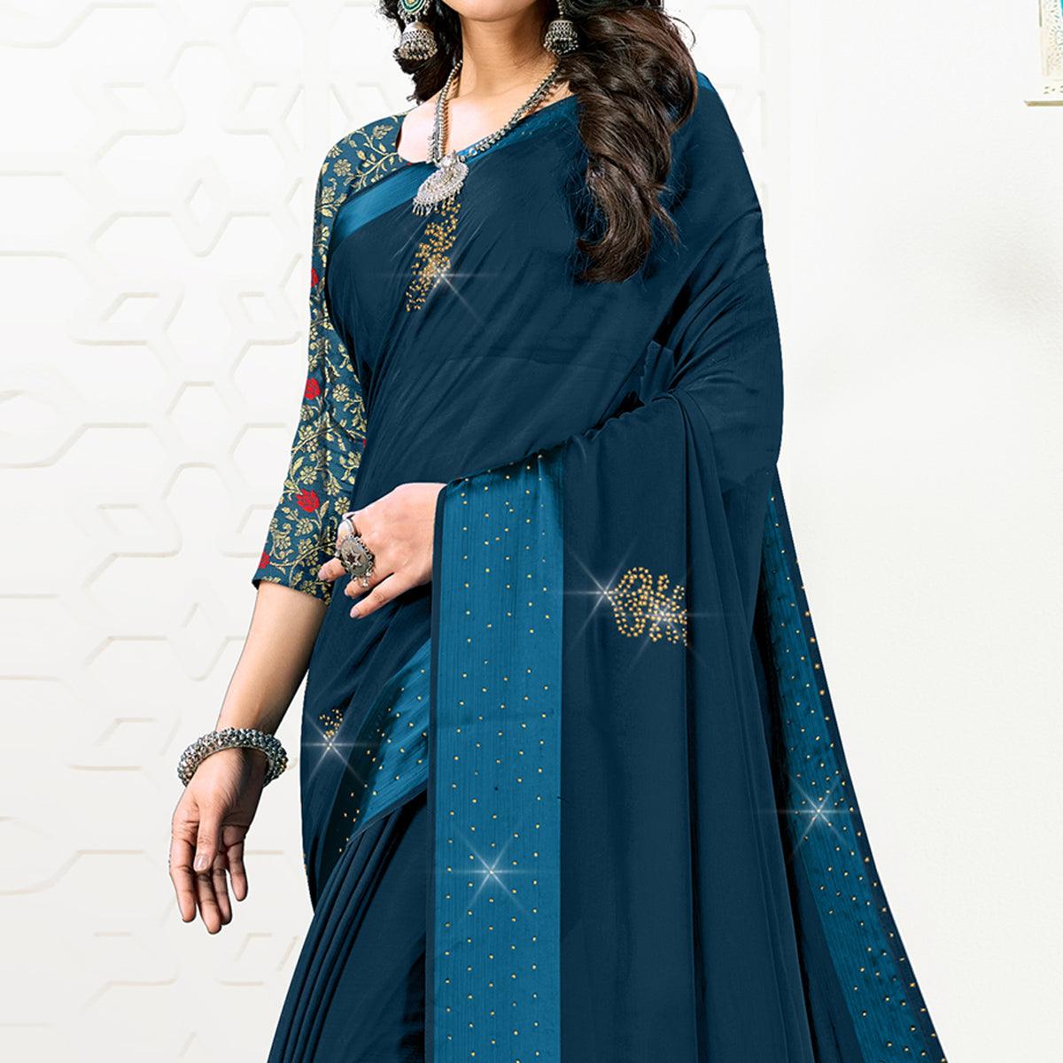 Dark Blue Festive Wear Diamond And Swarovski Soft Chiffon-Satin Saree - Peachmode