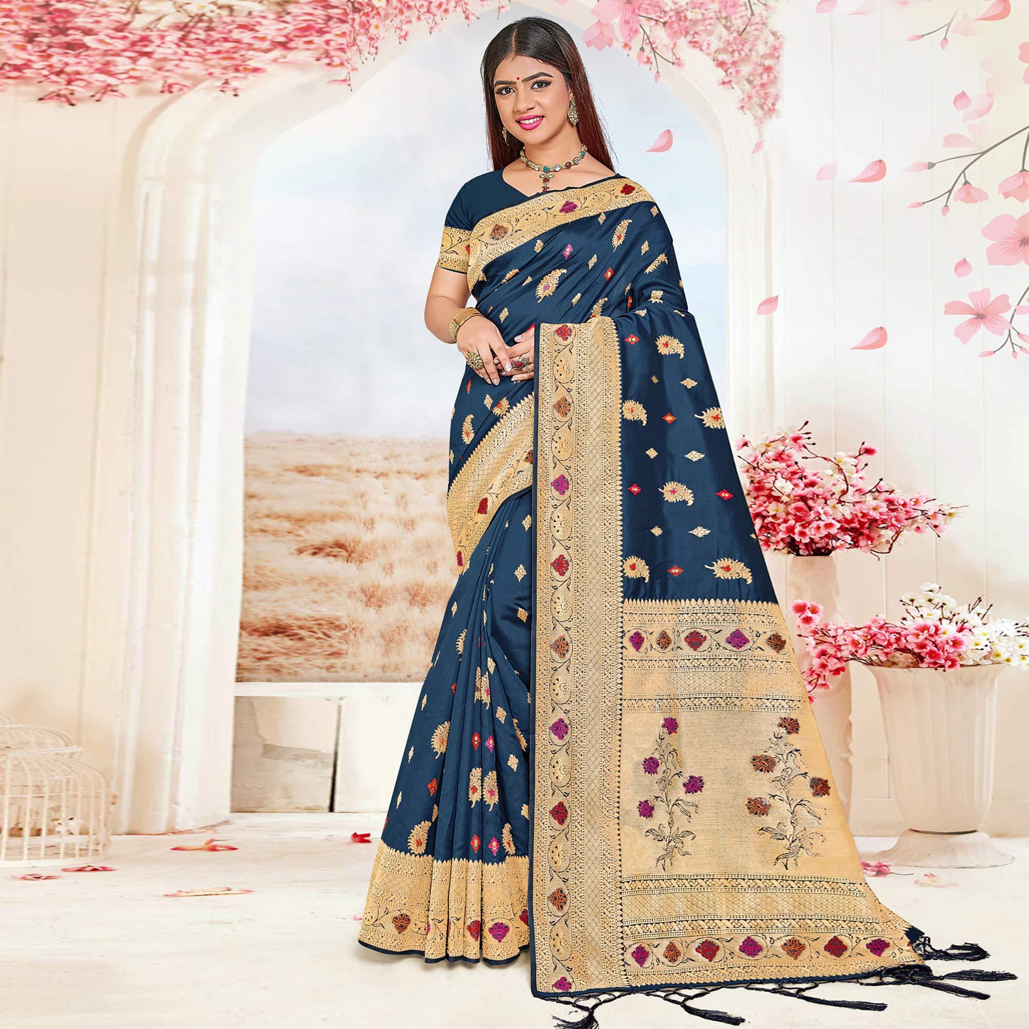 Dark Blue Festive Wear Woven Jari Border Soft Silk Saree - Peachmode