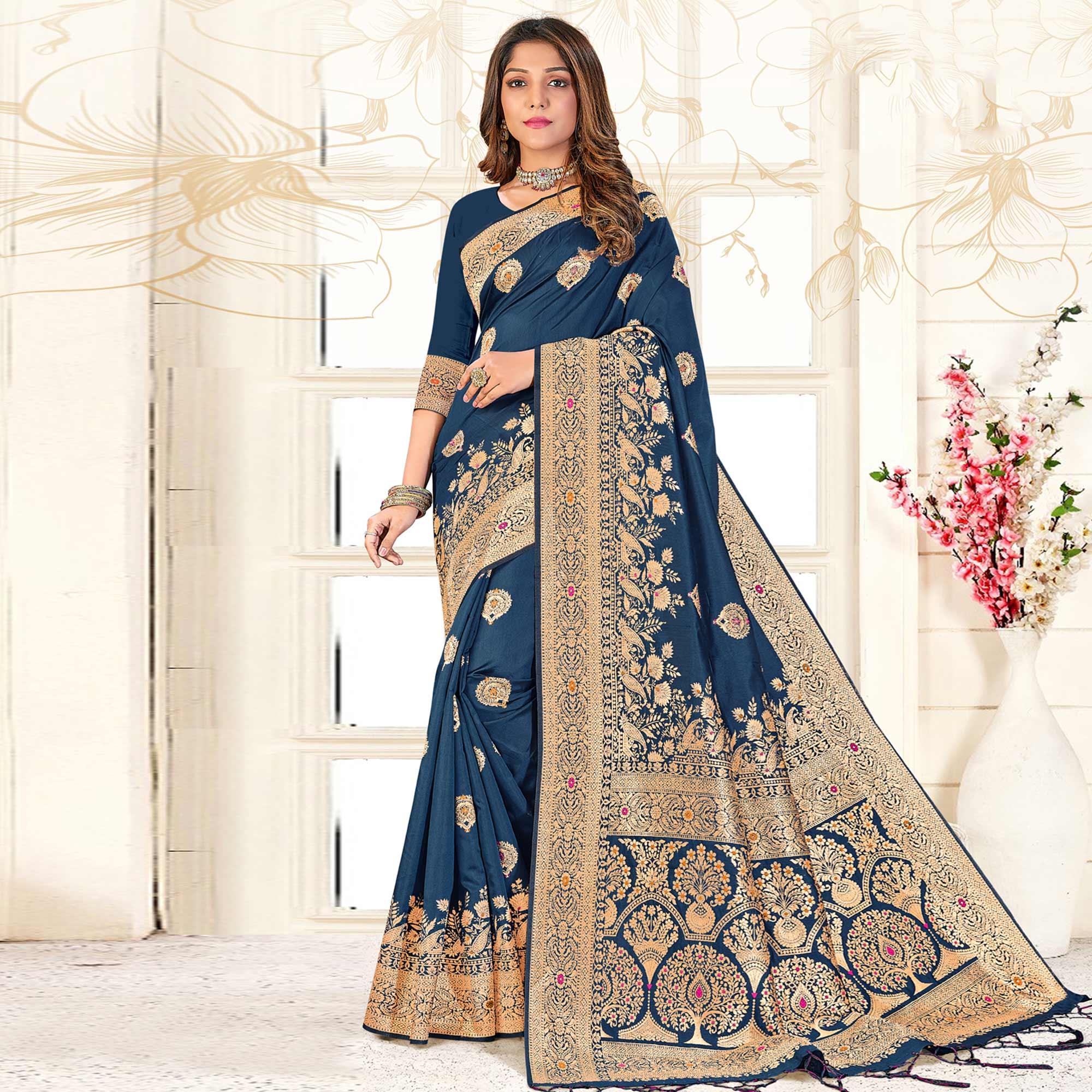 Dark Blue Festive Wear Woven Jari Border Soft Silk Saree - Peachmode