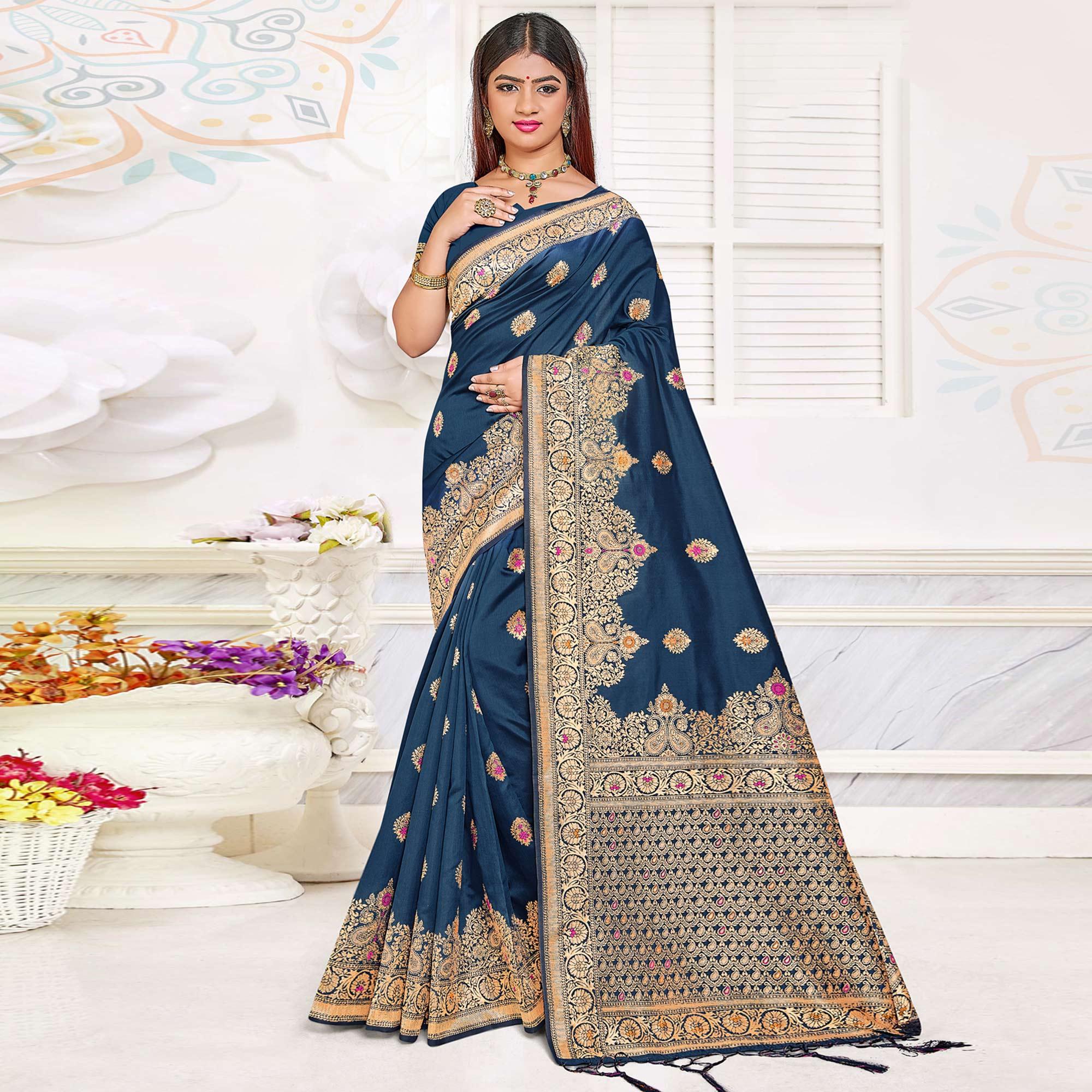 Dark Blue Festive Wear Woven Jari Border Soft Silk Saree - Peachmode