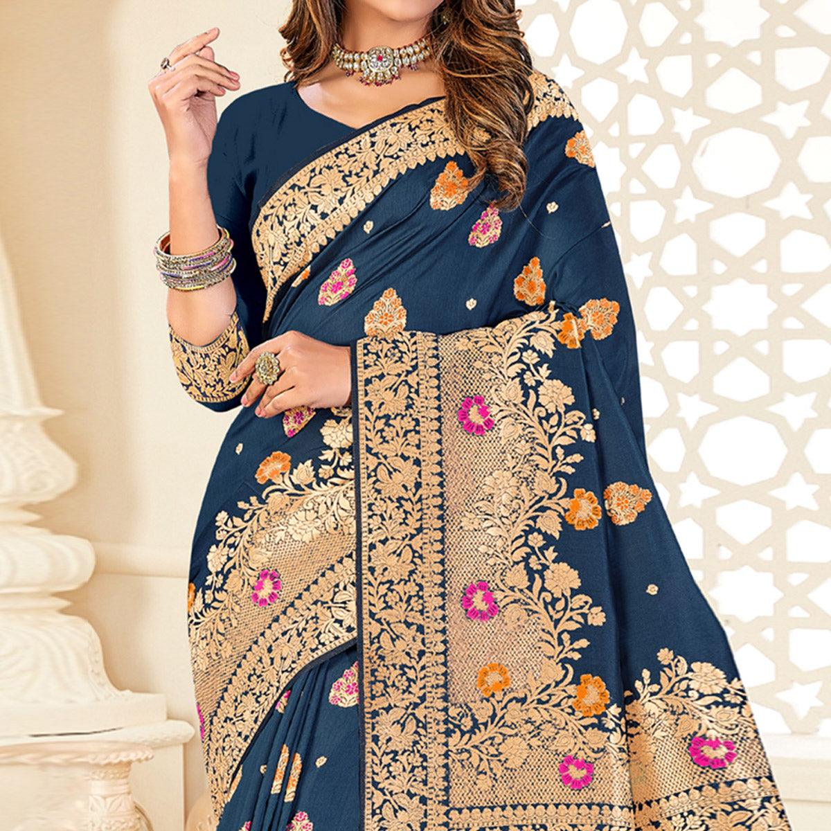 Dark Blue Festive Wear Woven Jari Border Soft Silk Saree - Peachmode