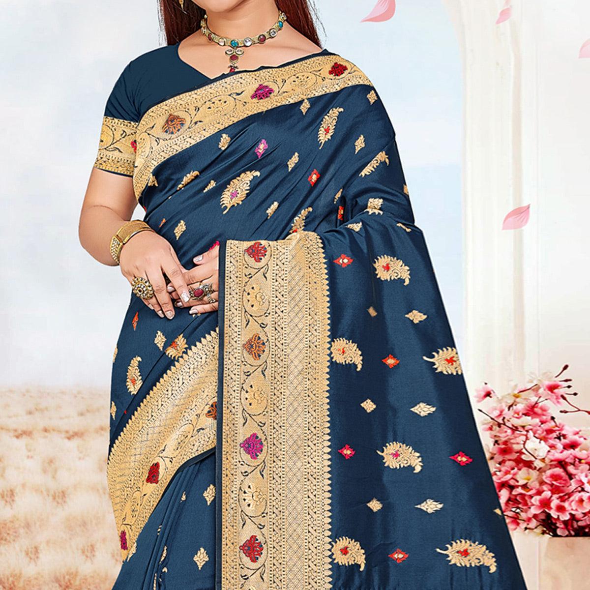 Dark Blue Festive Wear Woven Jari Border Soft Silk Saree - Peachmode