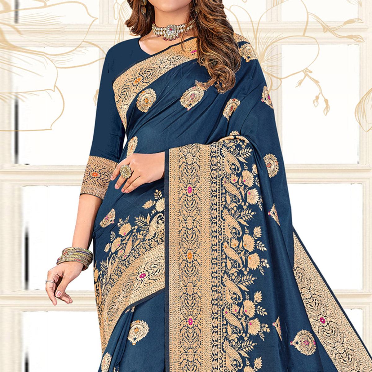 Dark Blue Festive Wear Woven Jari Border Soft Silk Saree - Peachmode