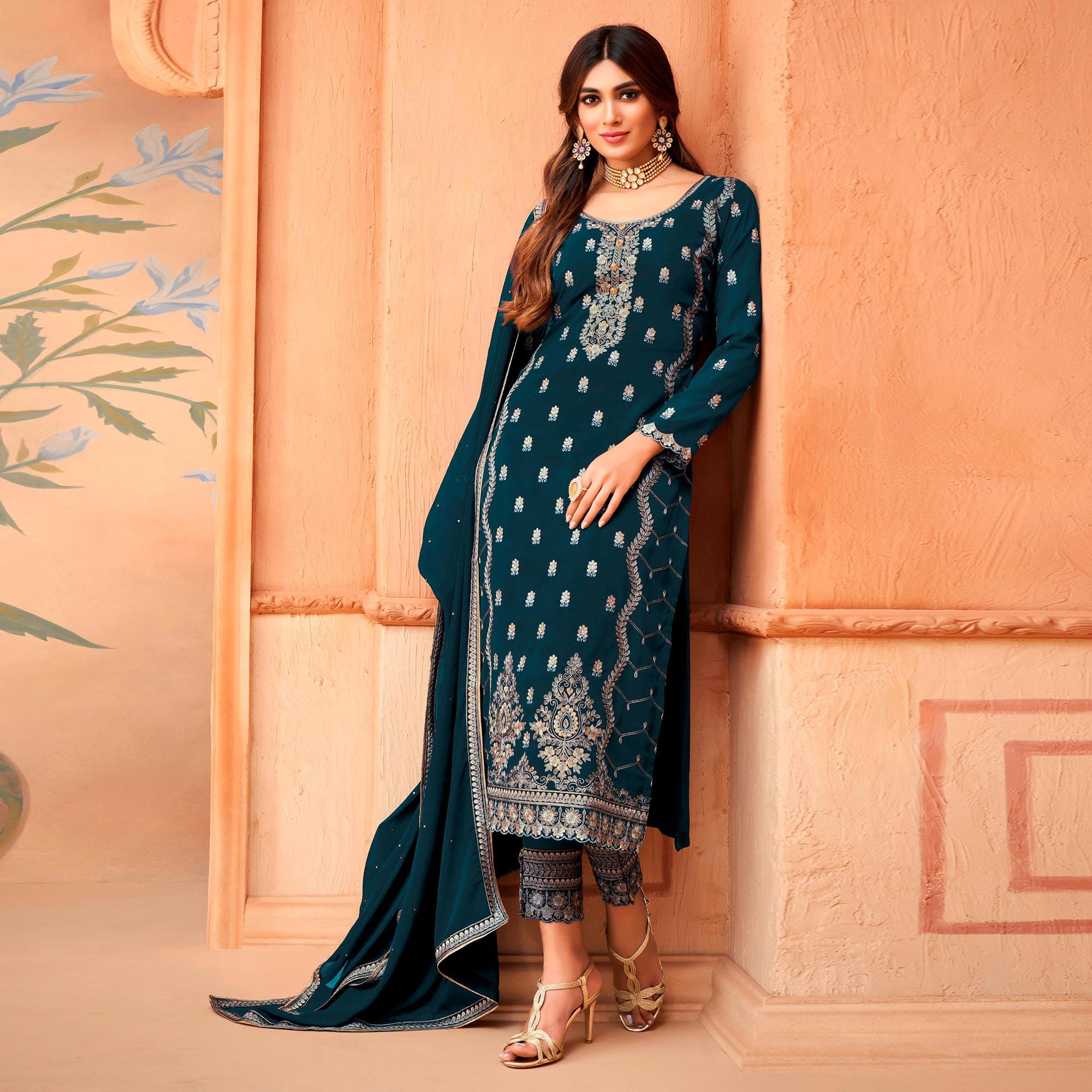 Dark Blue Floral Embroidery Designer Georgette Partywear Suit - Peachmode