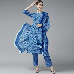 Dark Blue Printed Pure Cotton Kurti Pant Set with Dupatta - Peachmode