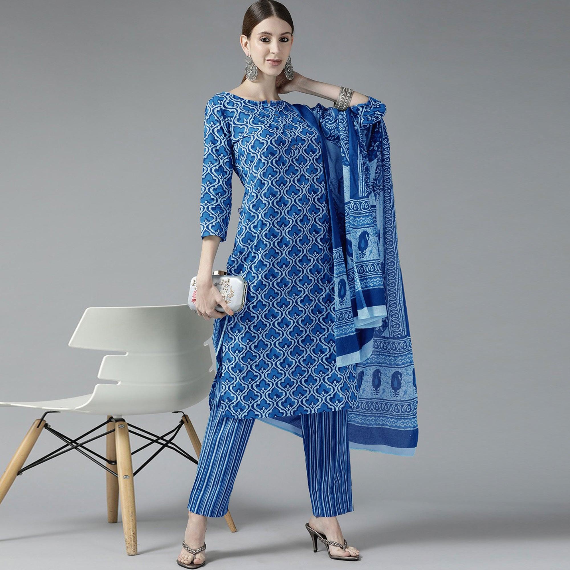 Dark Blue Printed Pure Cotton Kurti Pant Set with Dupatta - Peachmode